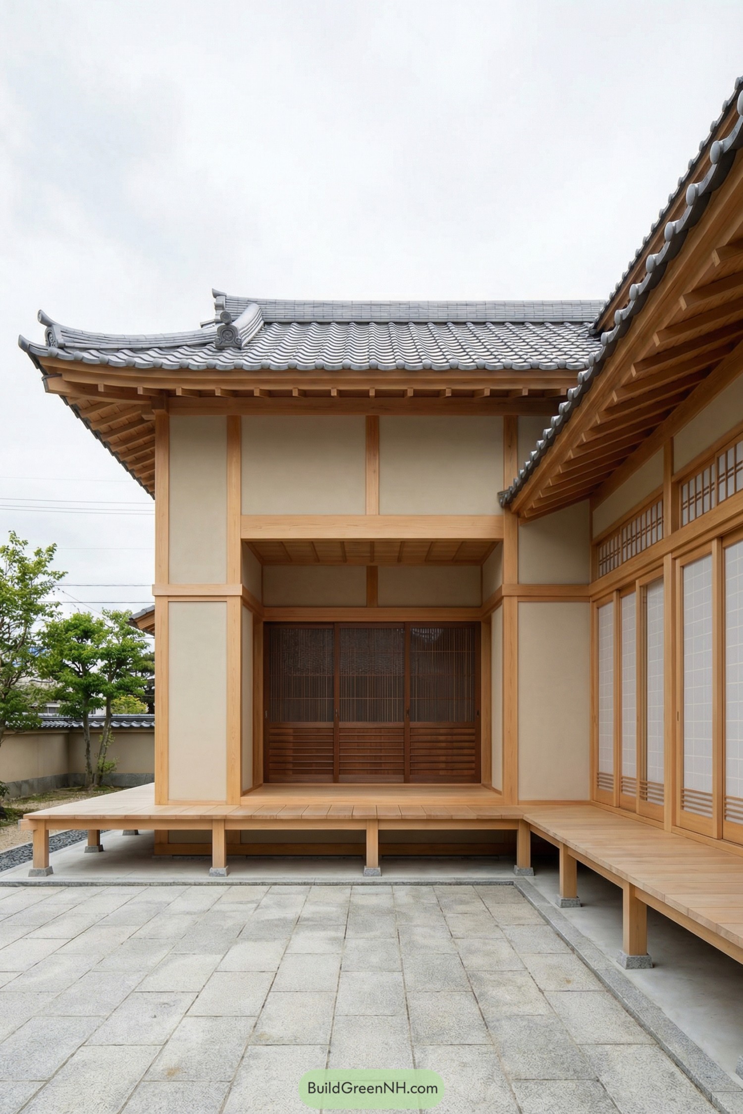 Traditional Japanese timber courtyard exterior with tiled roof and engawa porch