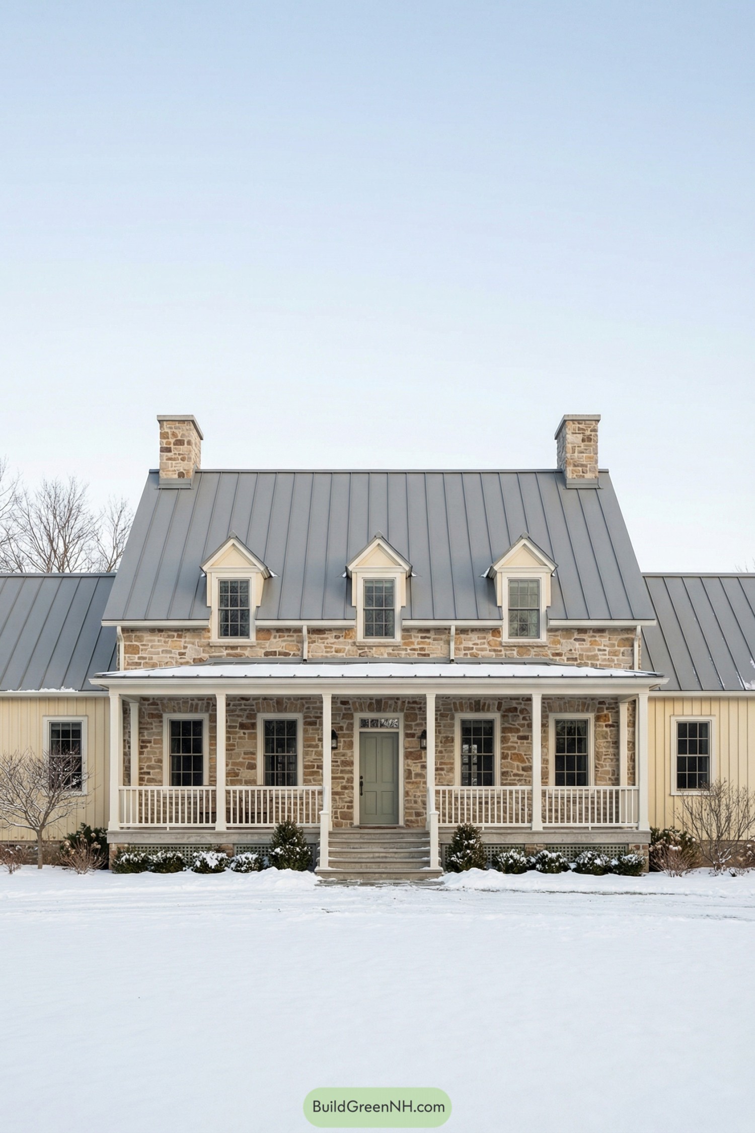 Traditional stone farmhouse with metal gable roof and deep front porch in a snowy yard