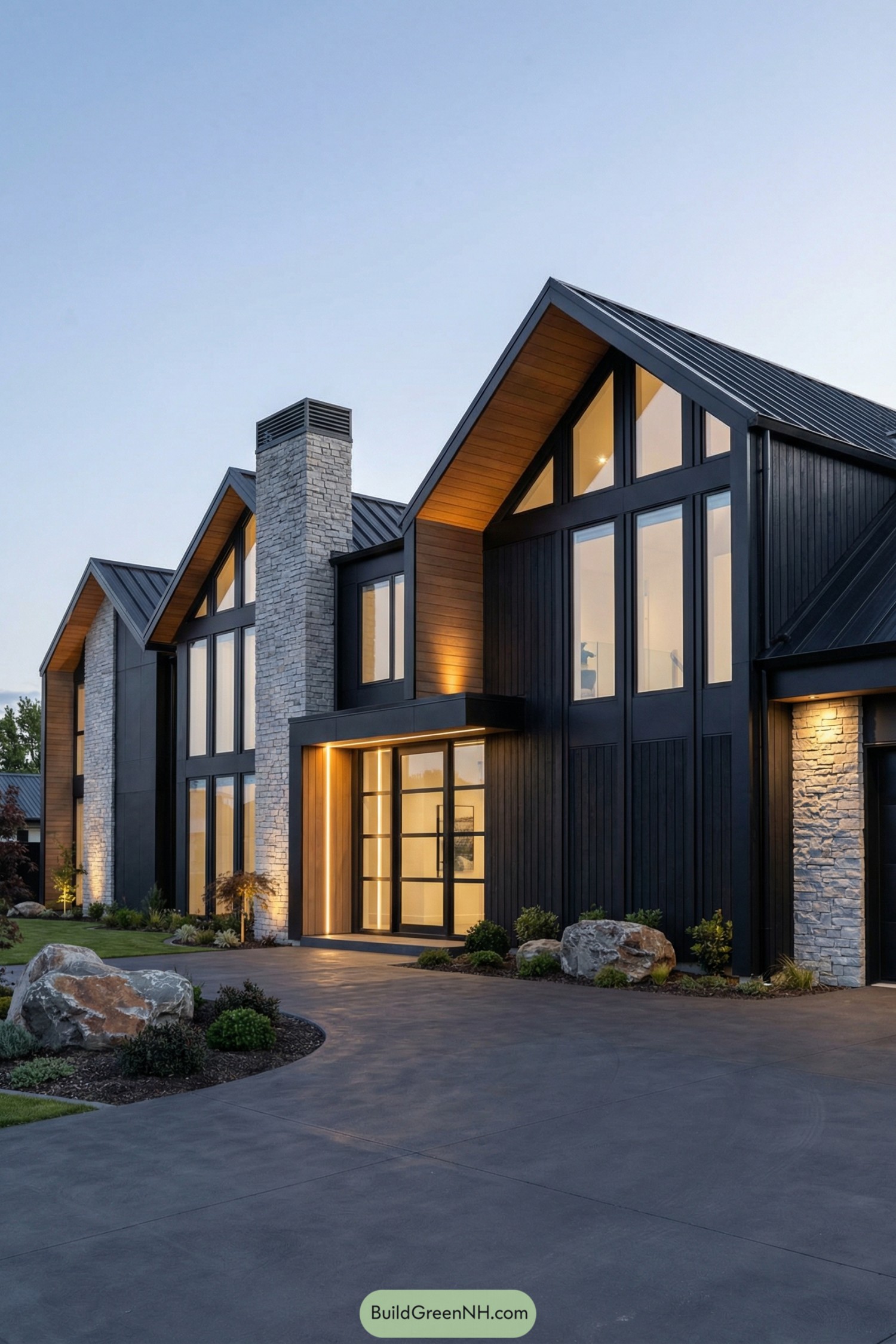 Black modern house with tall gables stone accents and glowing entry