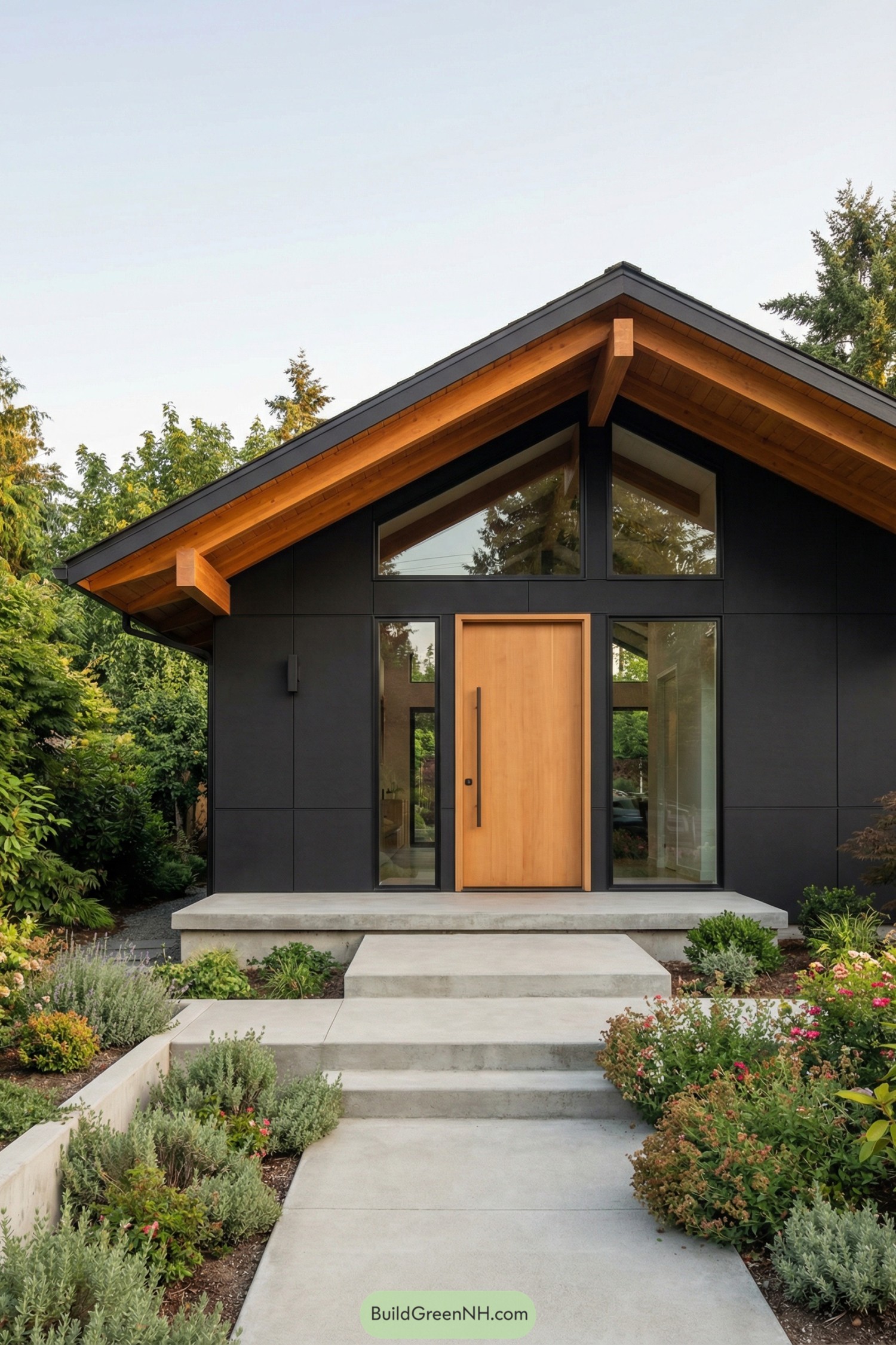 Black gable house with warm wood door and concrete path framed by lush landscaping