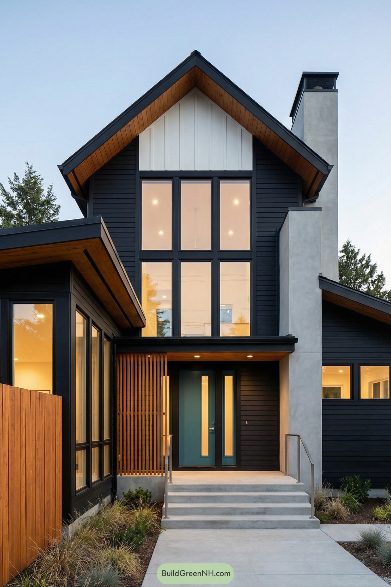 Tall black house with large windows and teal front door