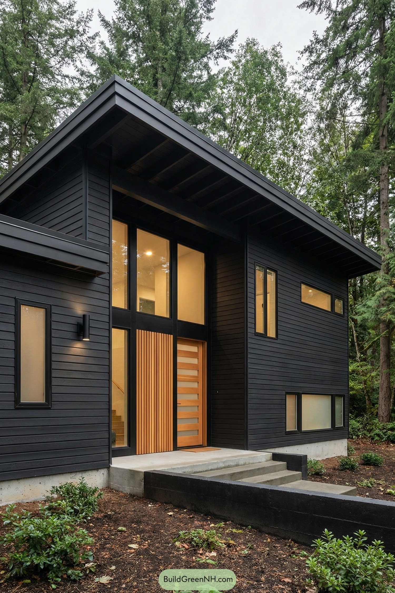 Black modern house with tall wood accented entry and large windows set in a forested lot