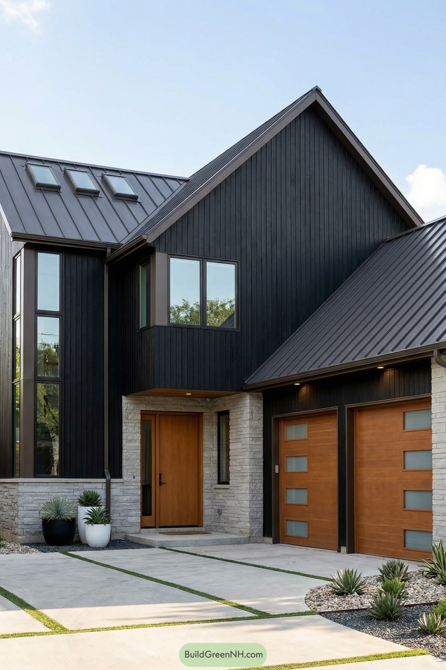 Black modern house with metal roof and warm wood doors