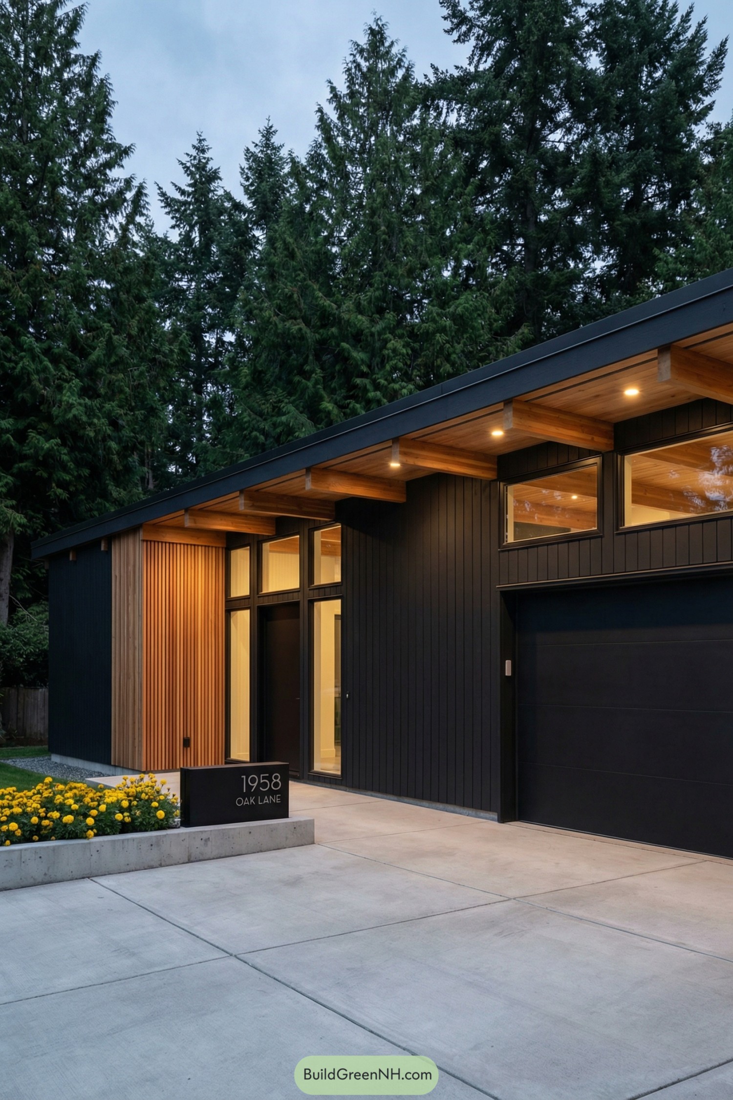 Black mid century style house with wood accents and large windows surrounded by tall evergreens