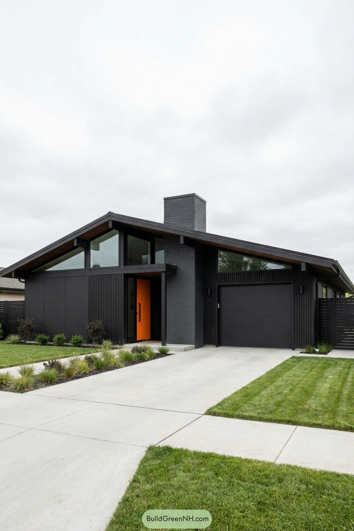 architecture design of Black Mid Century Modern House Exterior, constructure design, materials, colors, windows style, roof style, door style. Low, single-story mid-century modern facade with strong horizontal lines and a slightly projecting central volume. Asymmetrical front composition with a prominent vertical chimney block at the center and a recessed entry. Clean, minimal detailing, flat planes, and sharp edges. Overall color palette dominated by matte black and charcoal gray with limited contrasting accents. Exterior walls in deep matte black, chimney volume in dark charcoal or very light warm gray for contrast. Minimal bright accent color limited to front door and small decor elements. Structure formed as a long rectangle with a low, wide stance and an extended carport/garage wing on one side. Deep overhangs projecting toward the street. A slim covered entry porch beneath the main roof, creating a sheltered notch between the garage mass and central volume. Exterior cladding in smooth horizontal fiber-cement or wood panels painted matte black, paired with sections of vertical narrow black wood slats. Chimney clad in smooth painted masonry or stucco, crisply rectangular. Perimeter fencing at the right side formed by horizontal black slatted panels set above a low base. Roof in low-pitched, asymmetrical gable form, broad eaves, thin fascia lines. Dark charcoal asphalt shingles or standing-seam metal, underside of eaves in black or very dark wood, emphasizing the silhouette. Front windows in classic mid-century style: large fixed glass panels under the gable, with triangular clerestory shapes following the roofline. Slim black aluminum frames, mostly frameless appearance from the street. Additional narrow horizontal ribbon windows on the side volumes, also black-framed, flush with the facade. Garage door wide and flat-paneled, finished in matte black, minimal detailing, no visible hardware. Main entry door slightly recessed, solid slab design in bold accent color (vivid orange or red), smooth surface, simple black pull handle. No sidelites; instead, a narrow vertical fixed glass panel or transom above in black frame. Front yard with a clean concrete driveway and walkway, neatly cut lawn, linear planting beds with low grasses and small shrubs along the base of the black fence and facade. Street edge simple and unobtrusive to keep focus on the dark mid-century architecture. single photo, high-resolution, architectural photography.