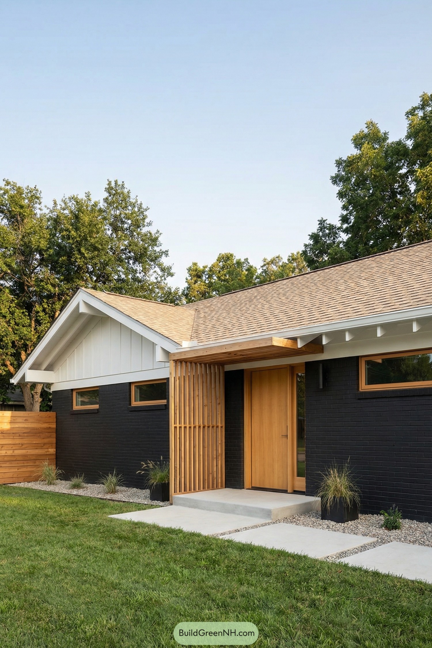 Black mid century house with tan gable roof and wood slat entry