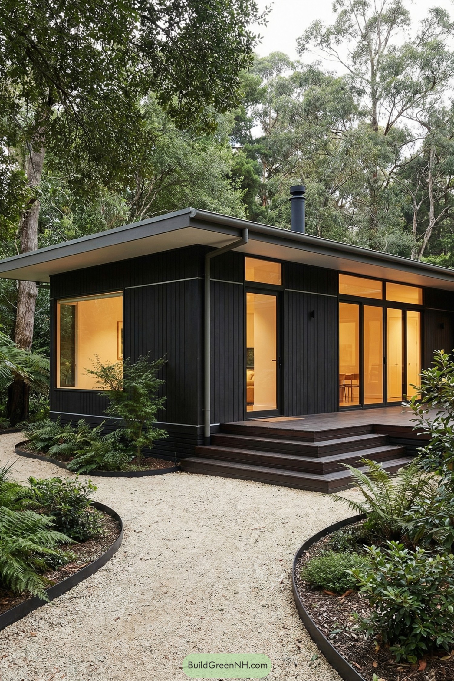 Black mid century modern cabin with warm interior windows surrounded by lush forest landscaping