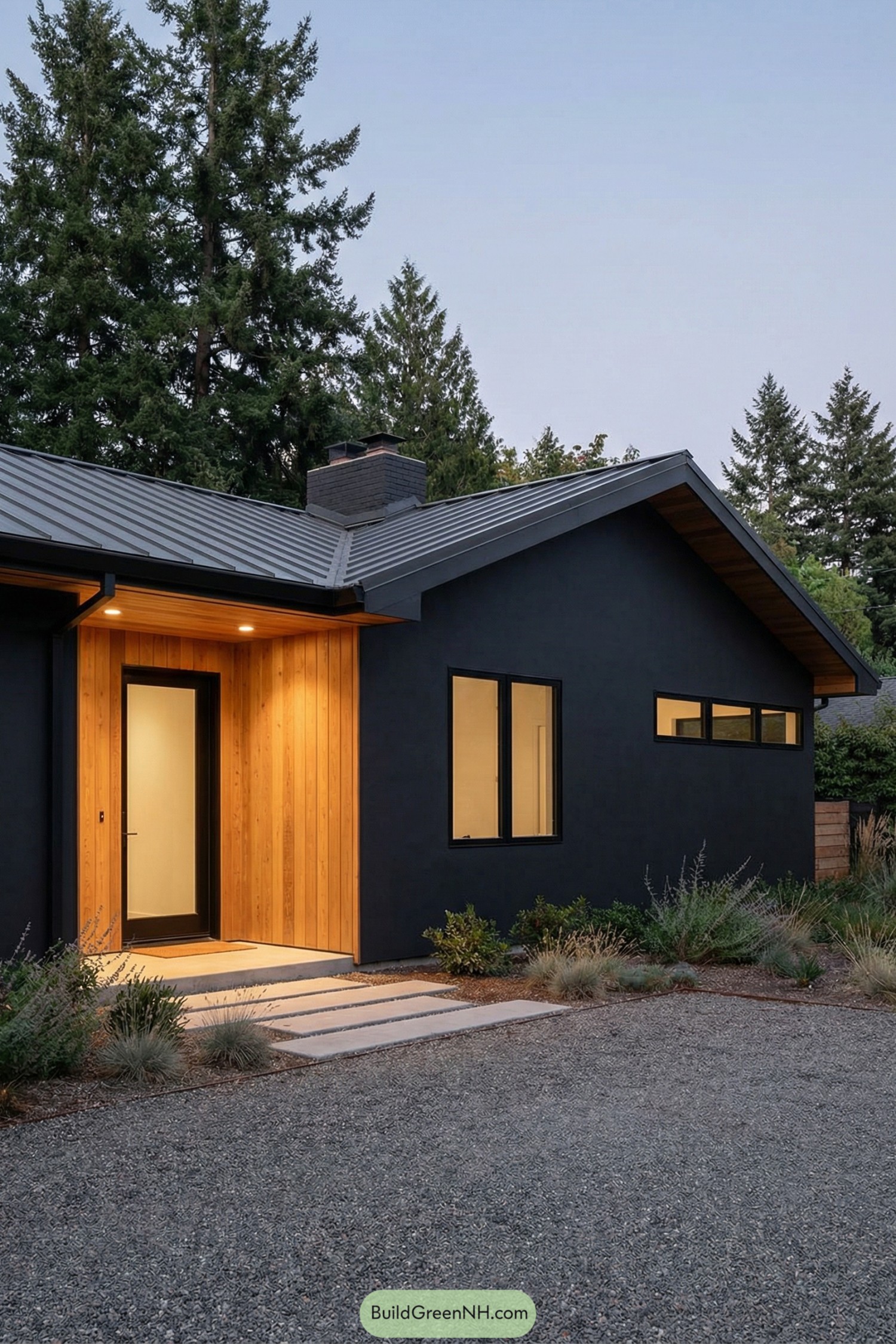 Black mid century style house with matte siding and a warm wood entry alcove set in a simple gravel front yard