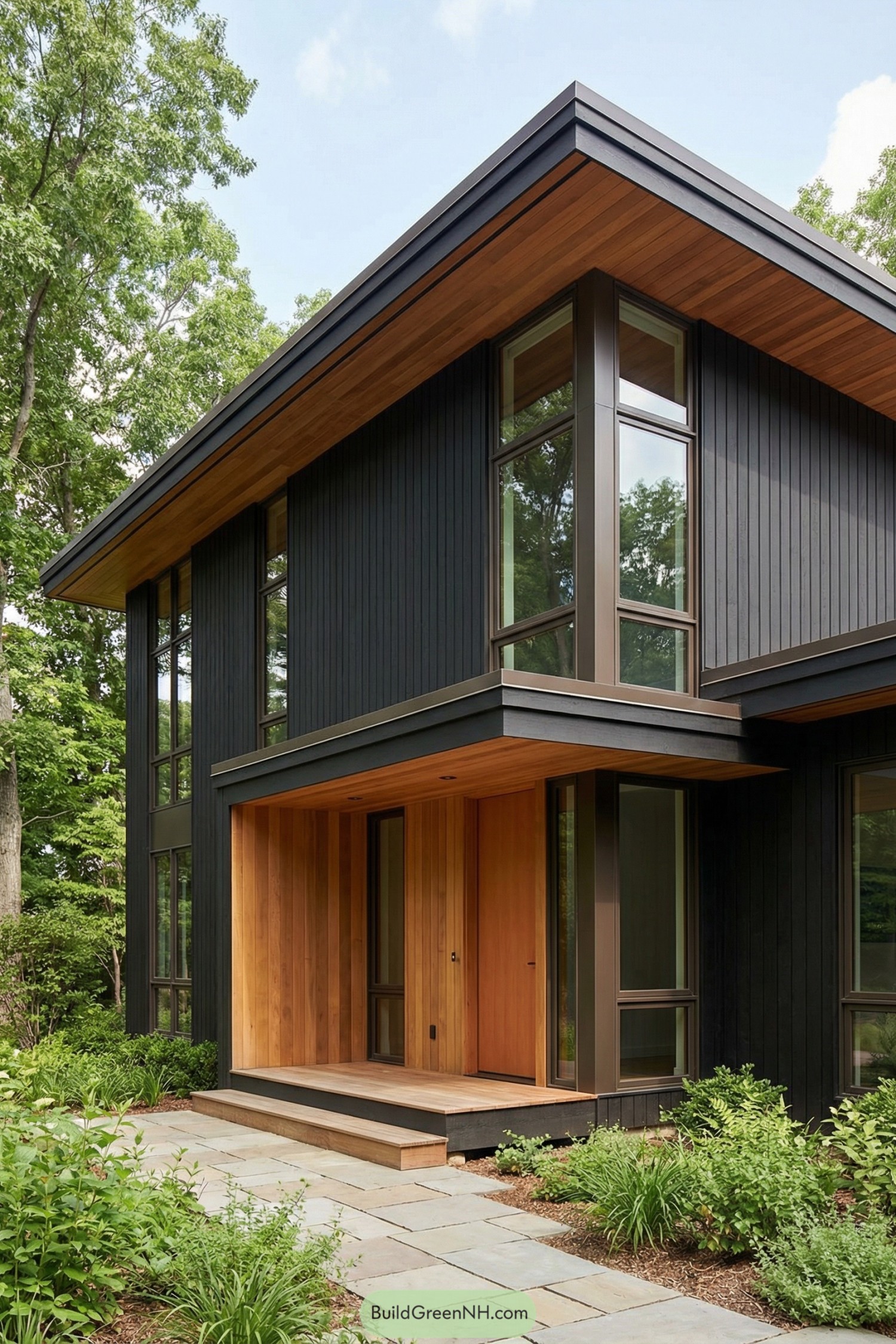 Black vertical siding home with deep overhangs, tall windows, and a warm wood entry porch surrounded by greenery