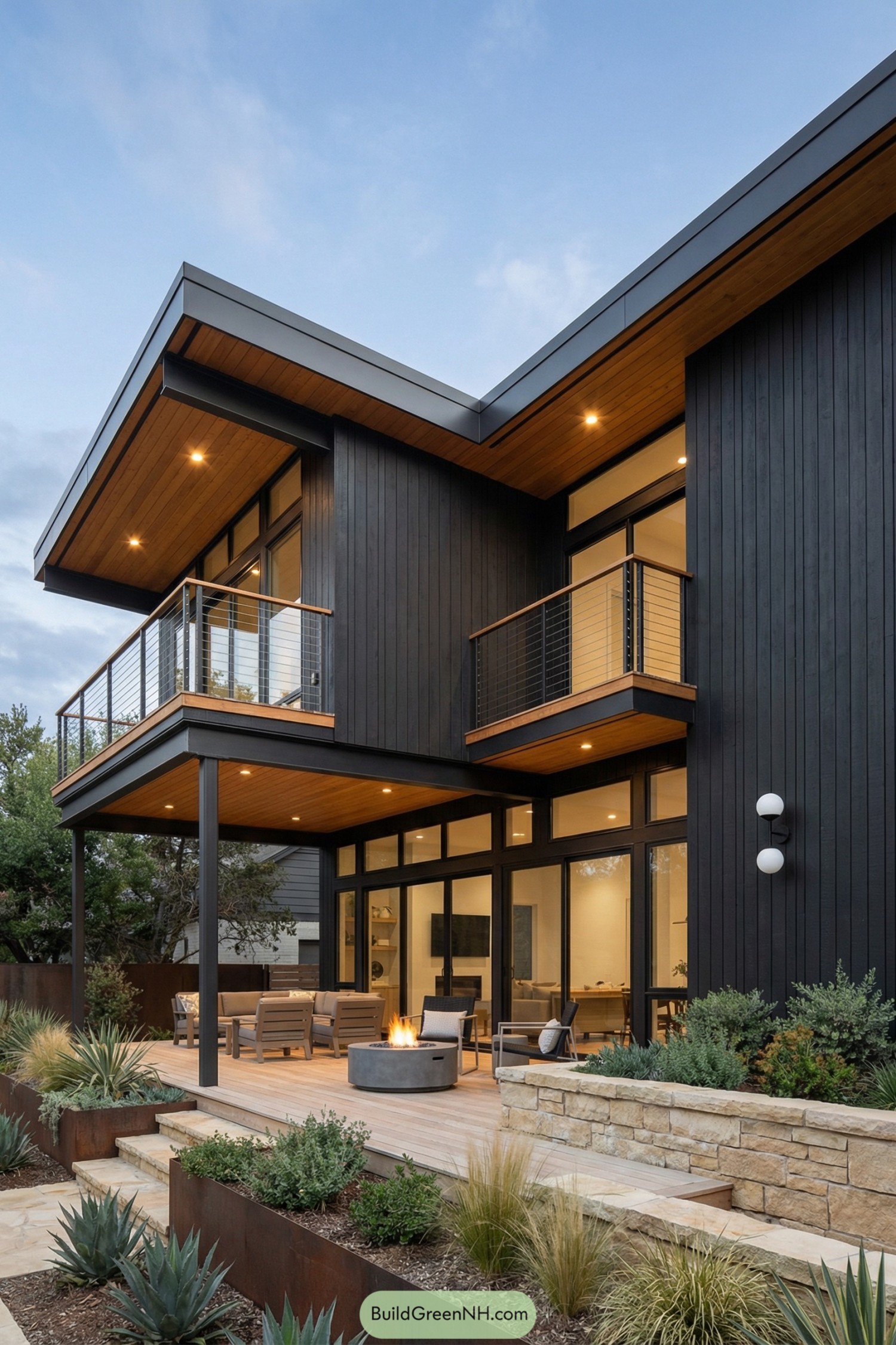 Two story black modern house with wood soffits, upper balconies, and a landscaped patio with fire pit
