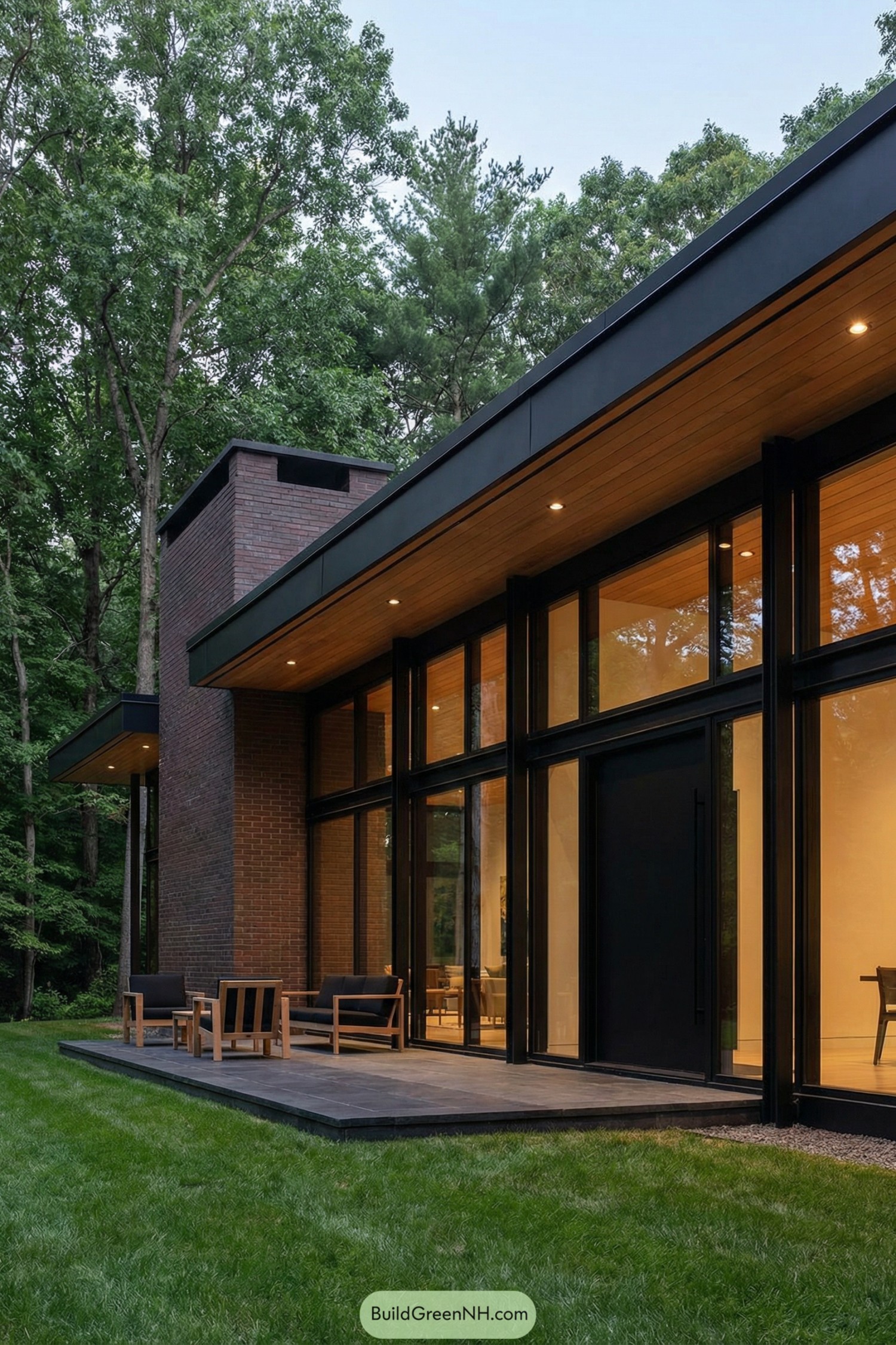 Black modern house with tall glass walls, brick chimney tower, and wood lined overhang facing a small patio in a wooded yard