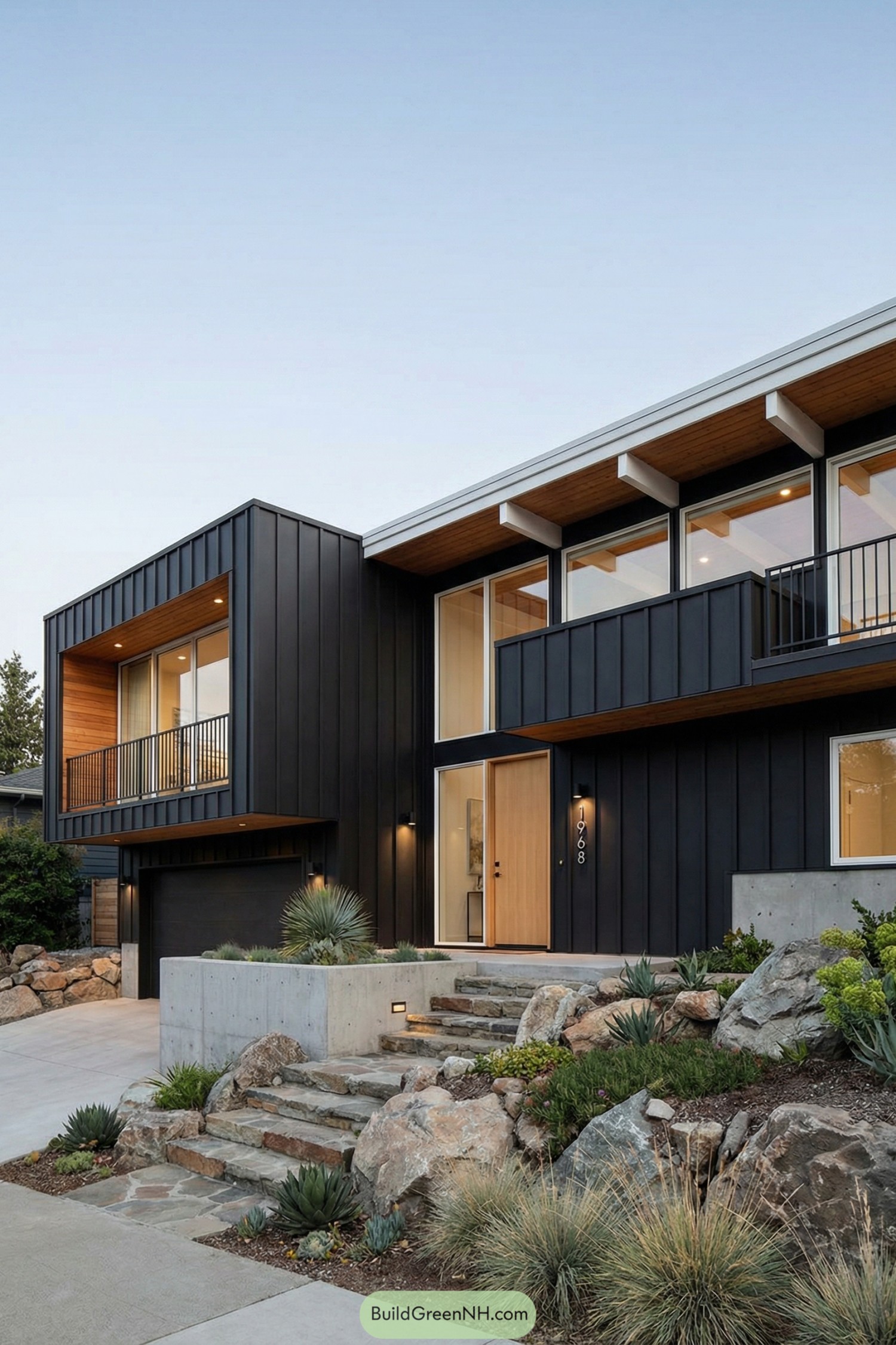 Black mid century modern home with warm wood accents and terraced stone landscaping