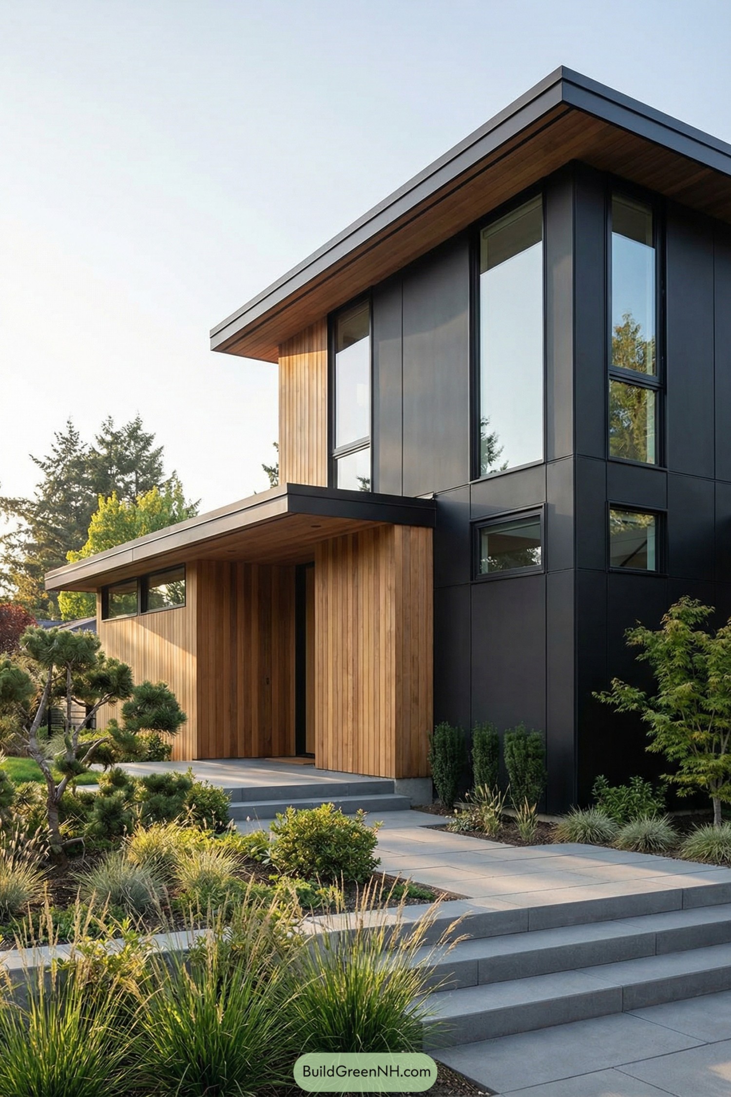 Modern black and wood two story house exterior with wide steps and lush landscaping