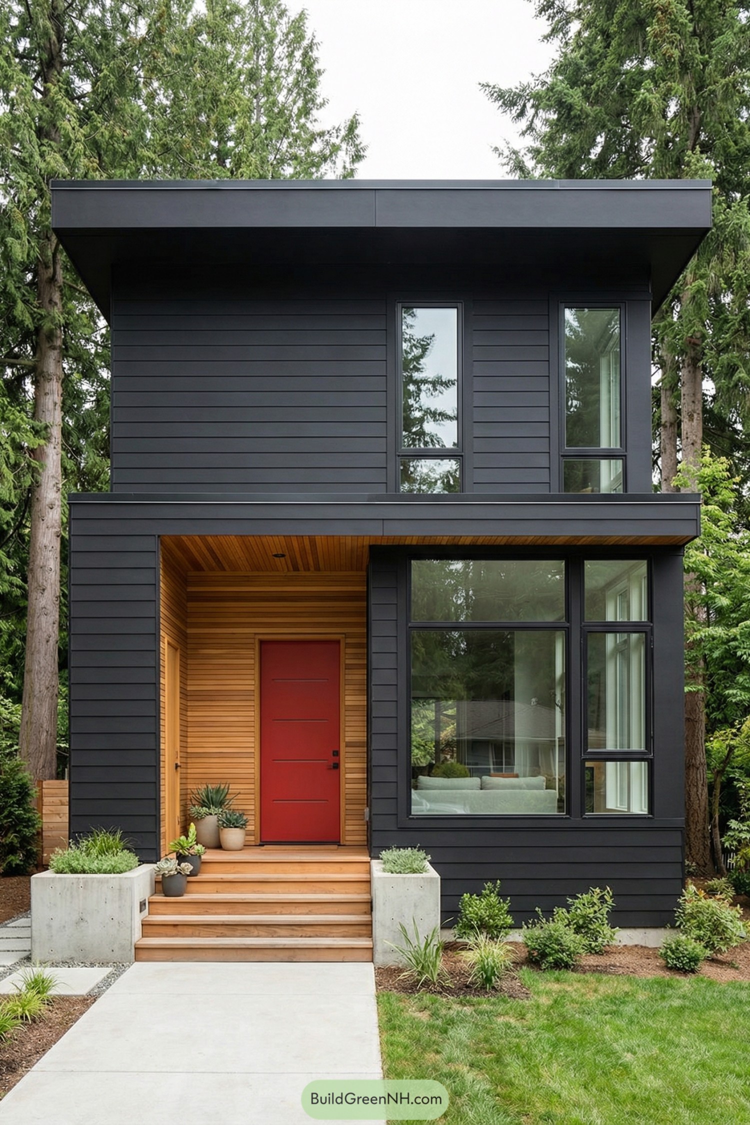Black two story modern house with warm wood porch and bright red front door