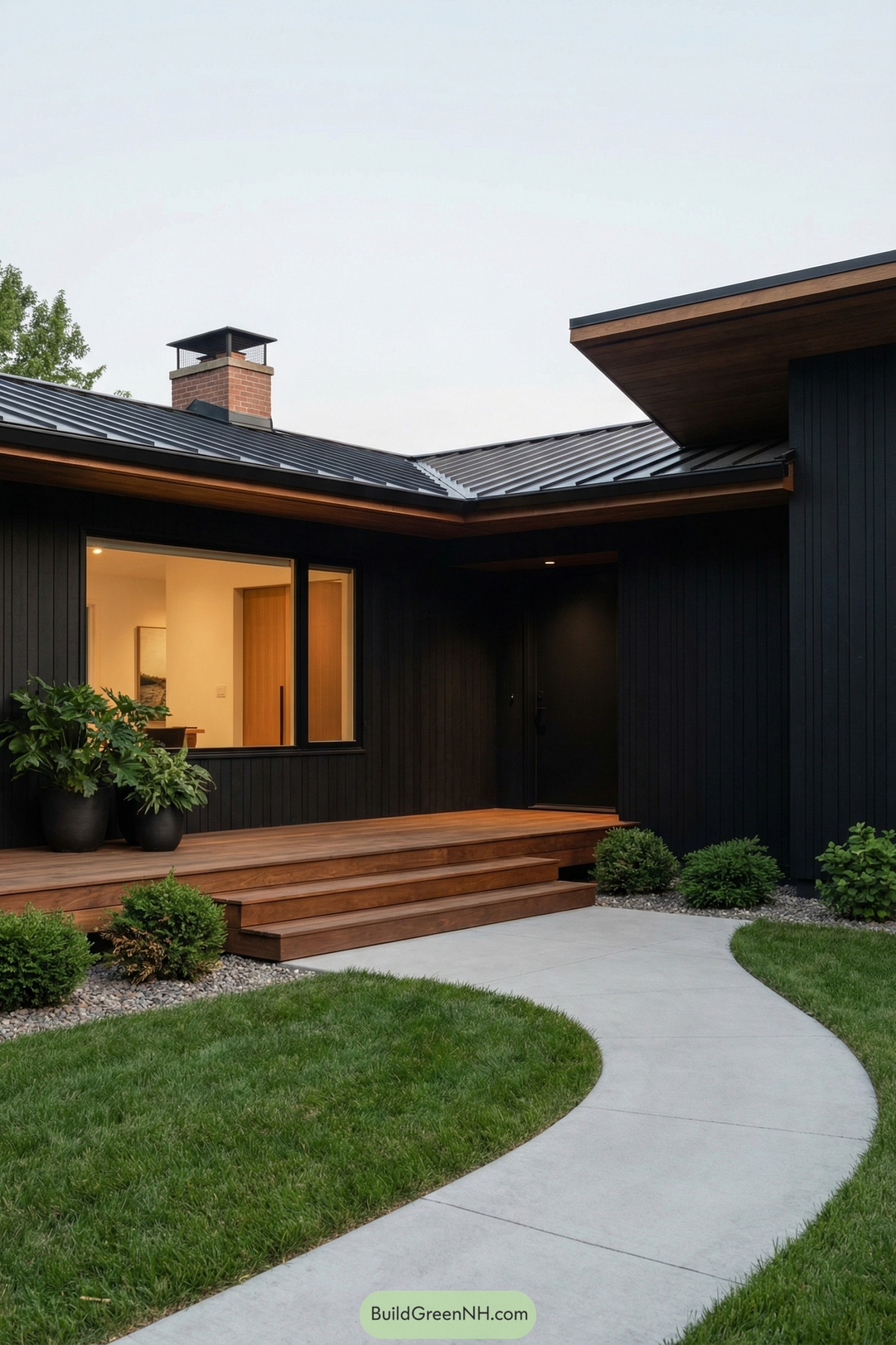 Black mid century house with wood porch and curved path