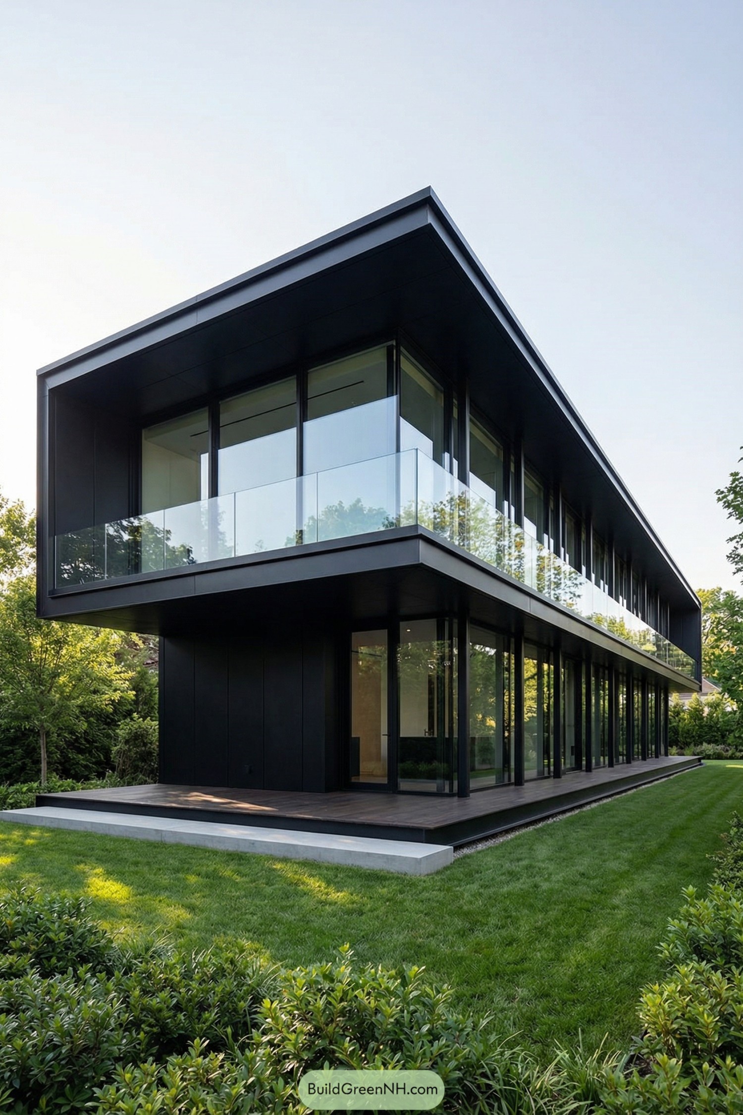 Black two story modern house with full height glass walls and a wraparound balcony enclosed by clear railings