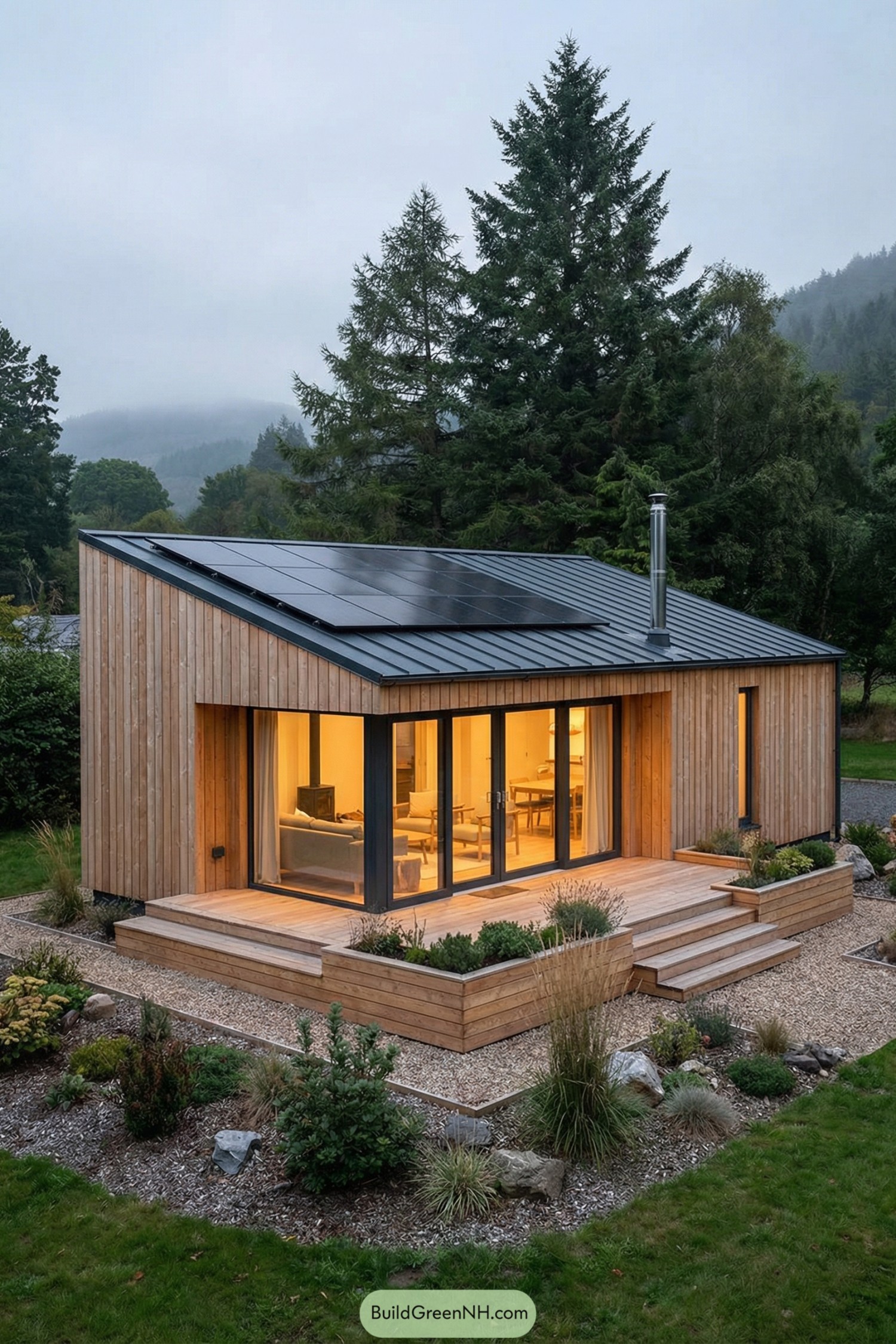 architecture design of Efficient house exterior Design, compact single-story modern cabin style facade with clean lines, elongated rectangular volume, large glazed front wall; warm natural palette with light cedar wood tones, black metal roof and frames, soft amber interior lighting visible through glass; simple low-profile shape with flat and slightly sloped roof edge, extended rectangular wooden terrace wrapping around the front; vertical wooden cladding in narrow boards, smooth finish, matching wood decking with integrated steps and planter boxes, stone paving and gravel beds around; dark standing-seam metal roofing with single-pitch slope, large flat black solar panel arrays mounted flush on roof surface, slim metal chimney pipe; full-height sliding glass windows and doors combined in one wide glazed band, dark aluminum frames, three large panels plus adjacent fixed glazing; single main entry through wide sliding glass door aligned with terrace, no visible traditional hinged door, minimalist wall-mounted exterior lights flanking glazing; surrounding landscape with dense low shrubs, ornamental grasses, rocks, and a few larger boulders, backdrop of tall evergreen trees and misty hills. single photo, high-resolution, architectural photography.