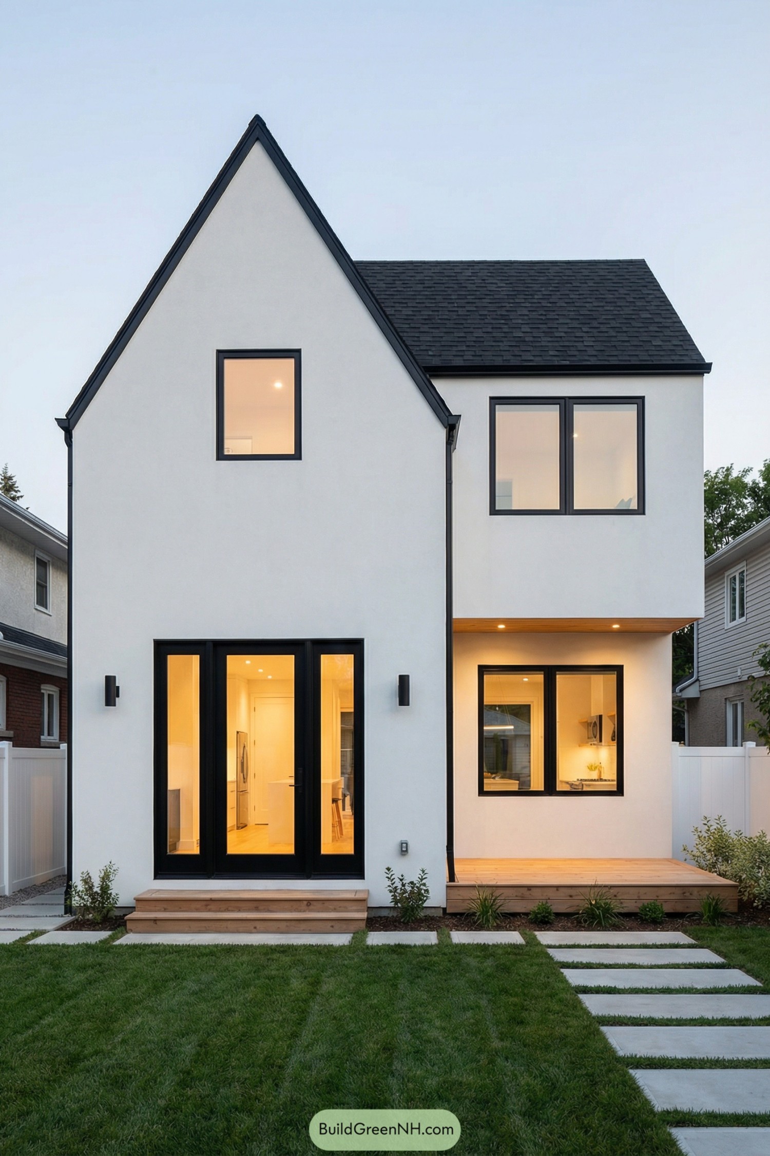 White two story gabled house with black trim and simple lawn path