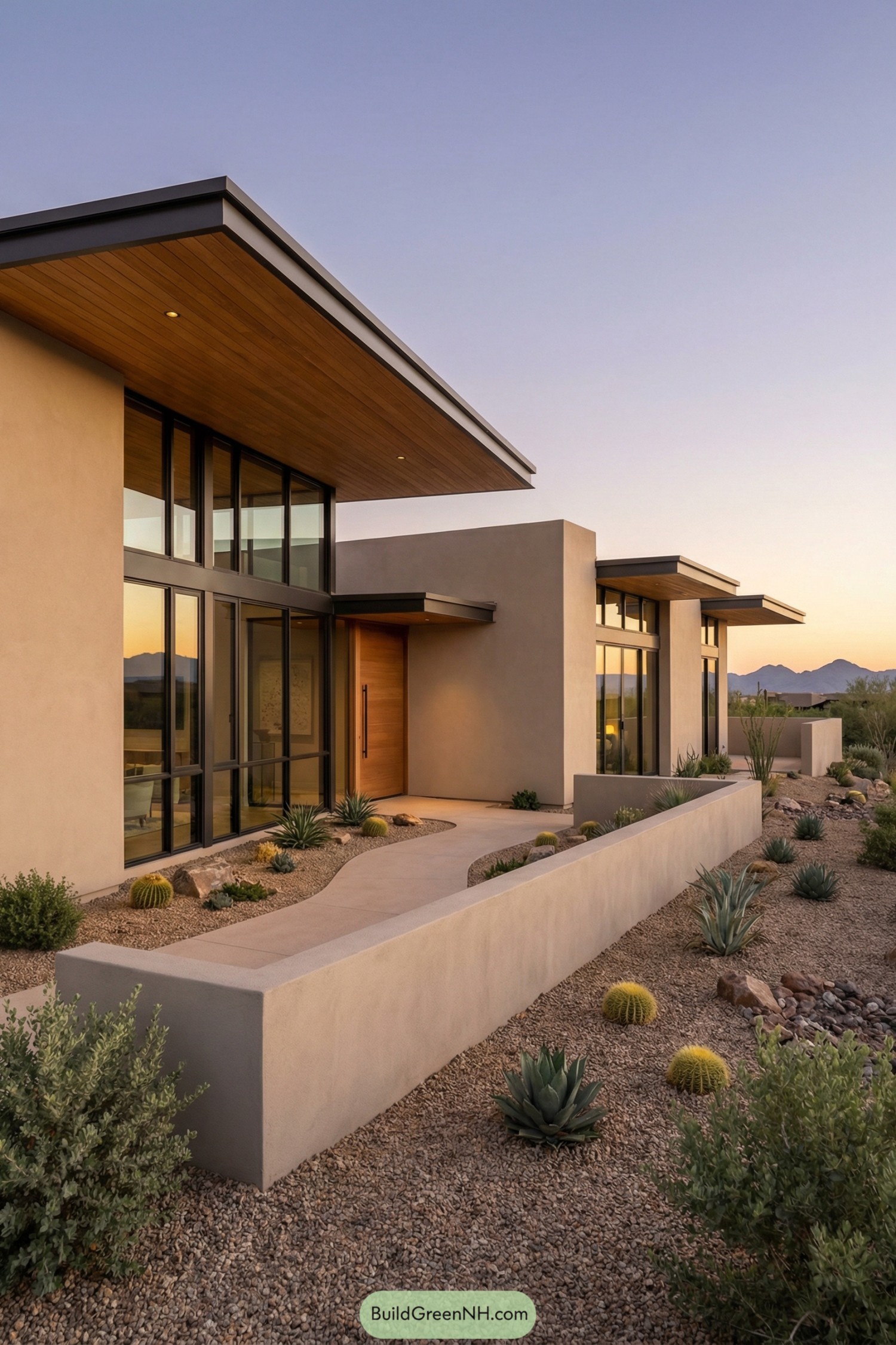 Modern desert house with flat overhang roofs, tall glass walls, and low-maintenance xeriscape landscaping at sunset