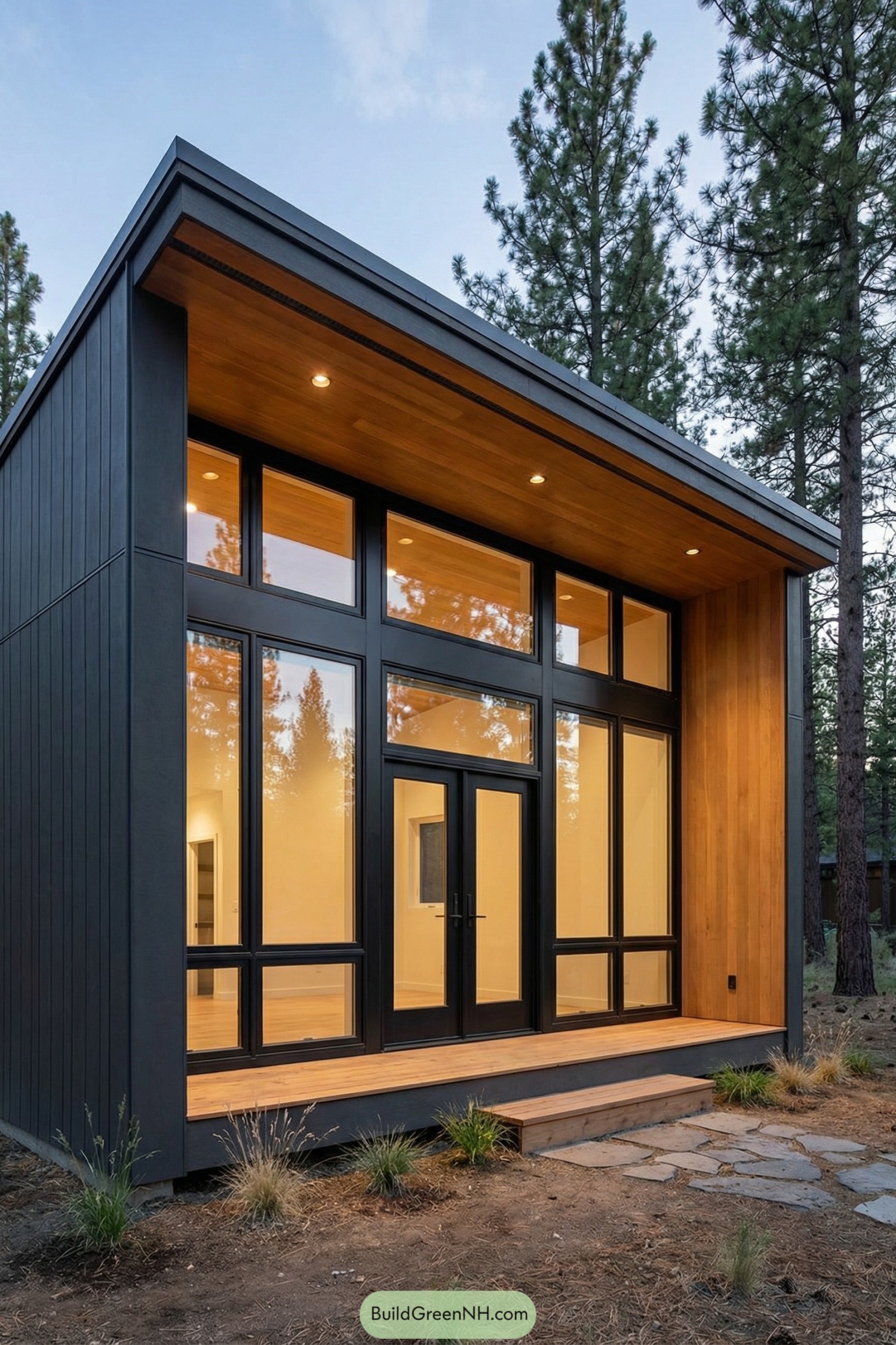 Modern cube cabin with tall glass front and warm wood siding among pine trees
