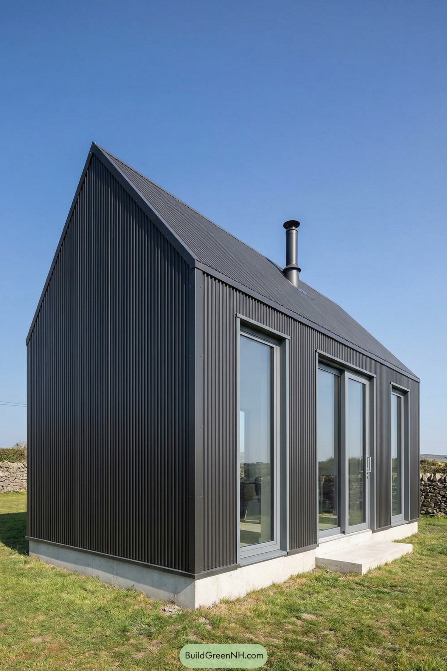 Compact black metal cabin with tall gabled roof, sliding glass doors, and slim chimney set on a grassy plot