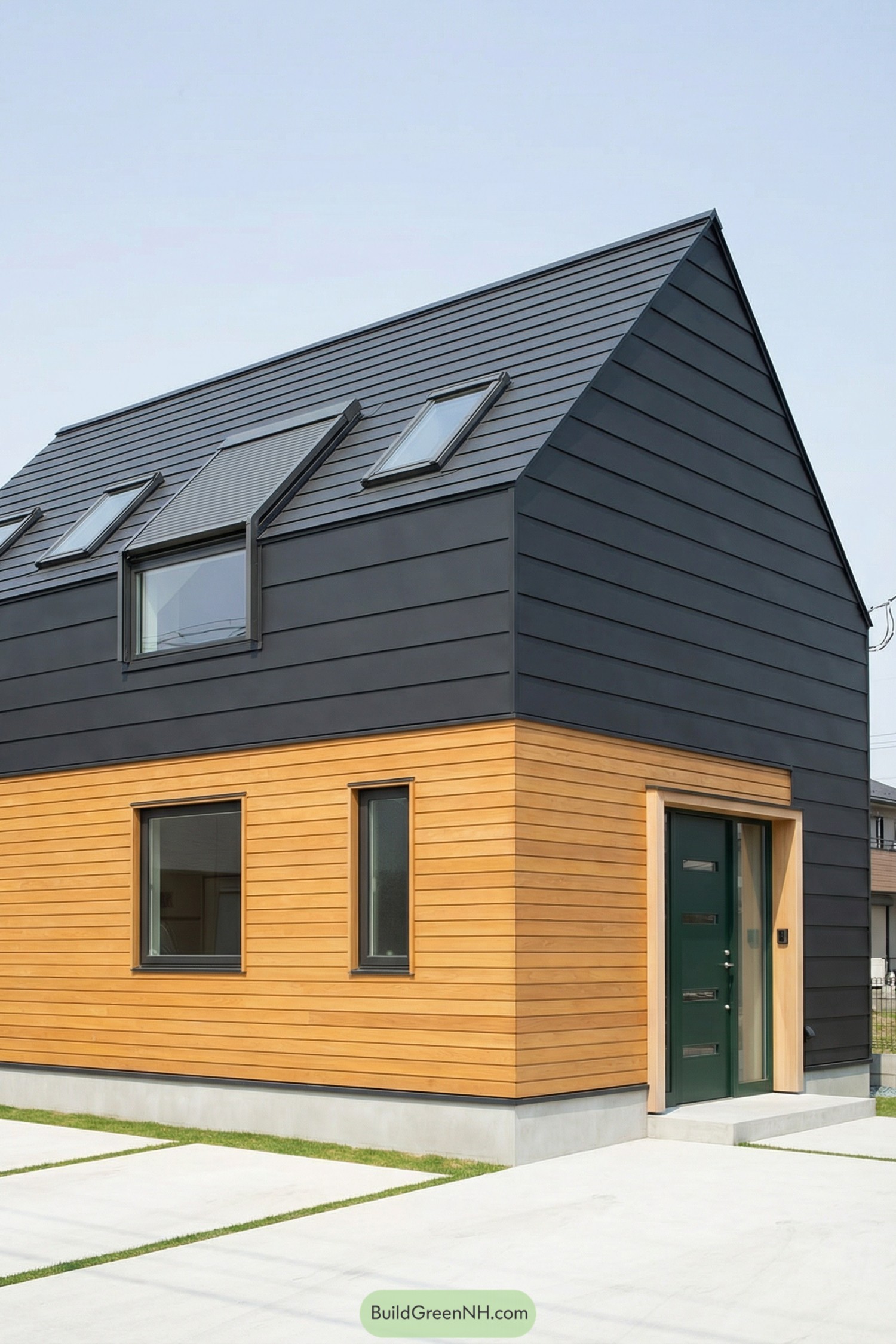 Compact two story house with black gabled roof and warm horizontal cedar siding over a concrete base