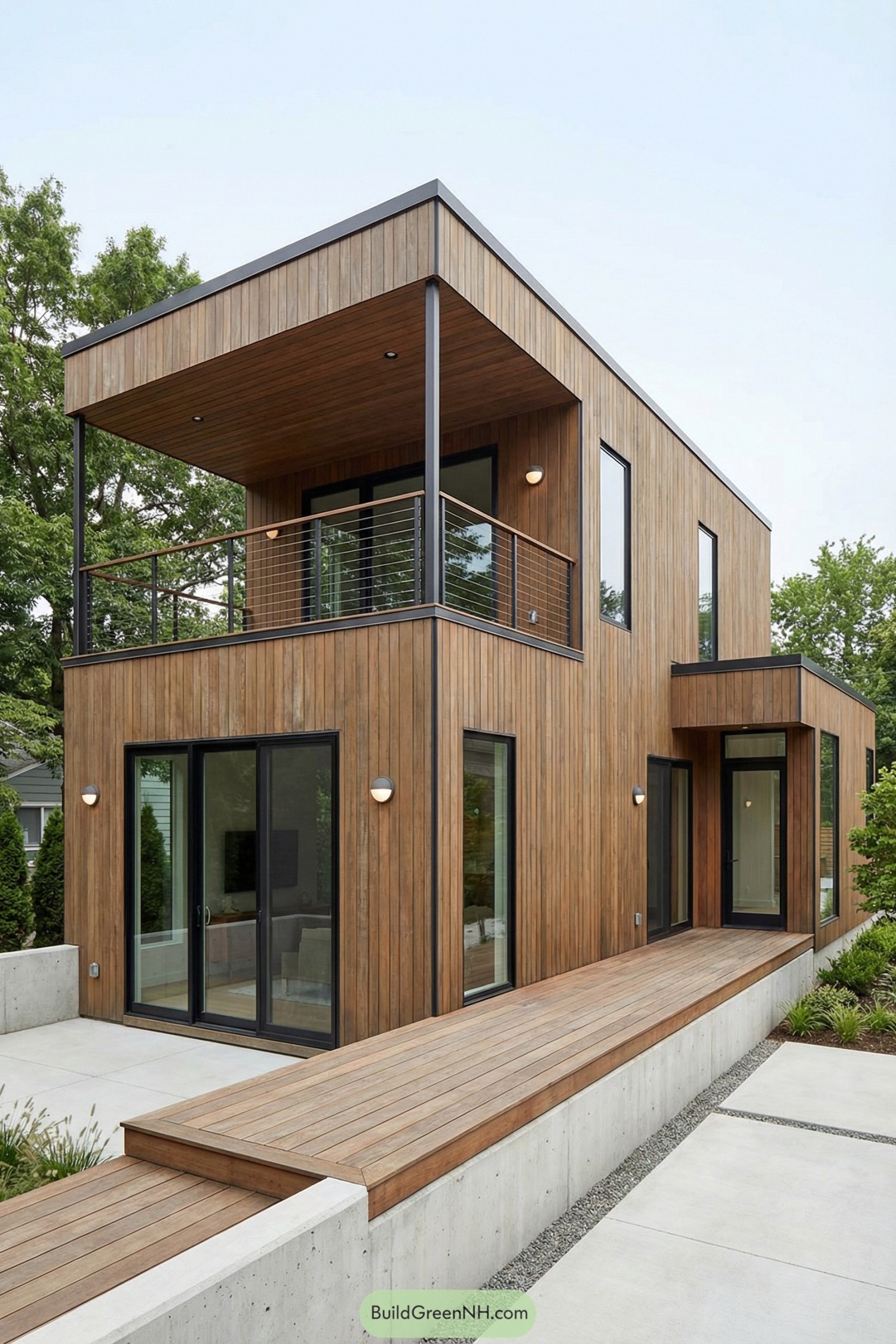 Two story modern house clad in vertical wood siding with large windows and an upper covered balcony