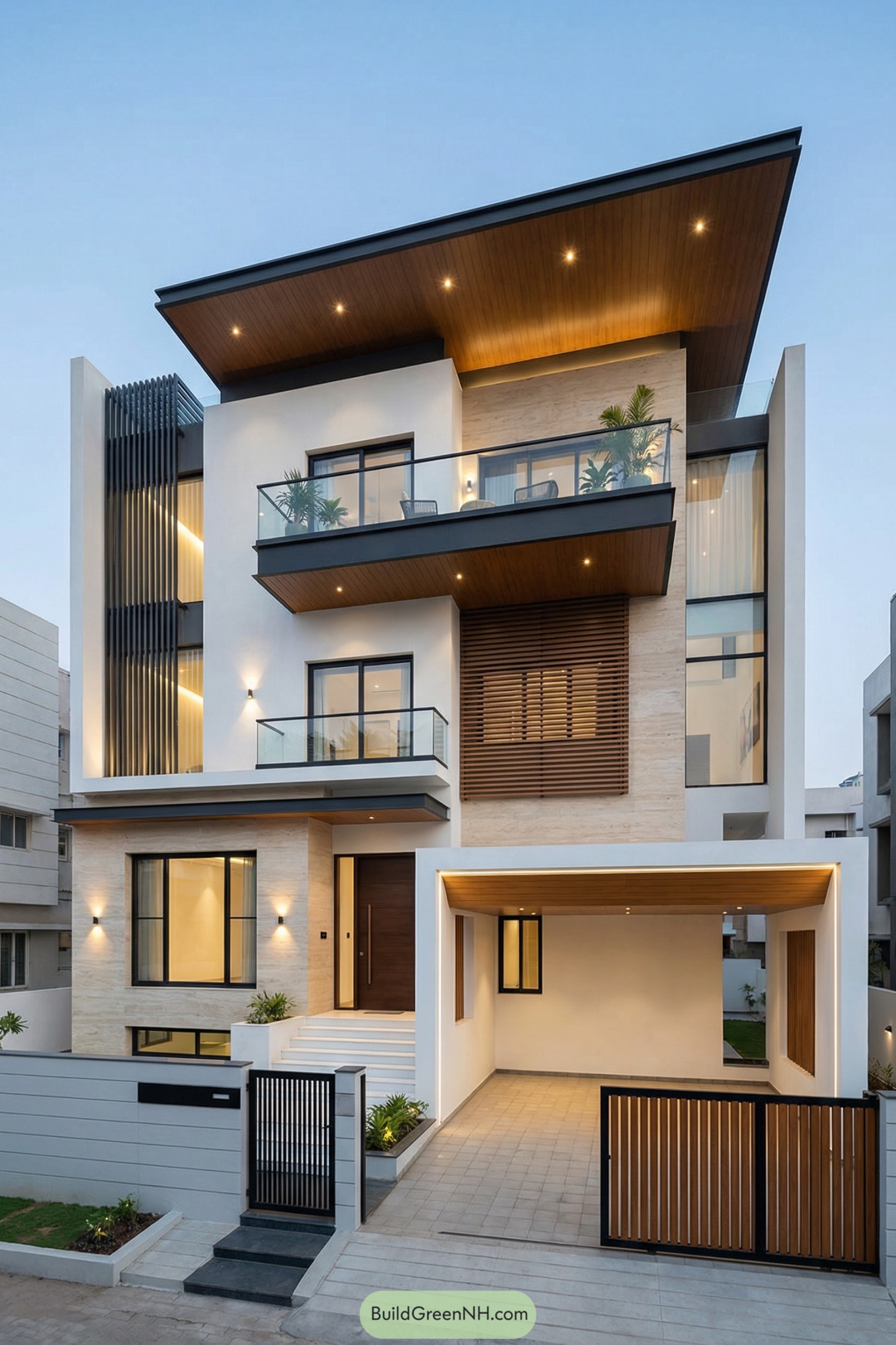 Three story modern home with large overhangs and glass balconies