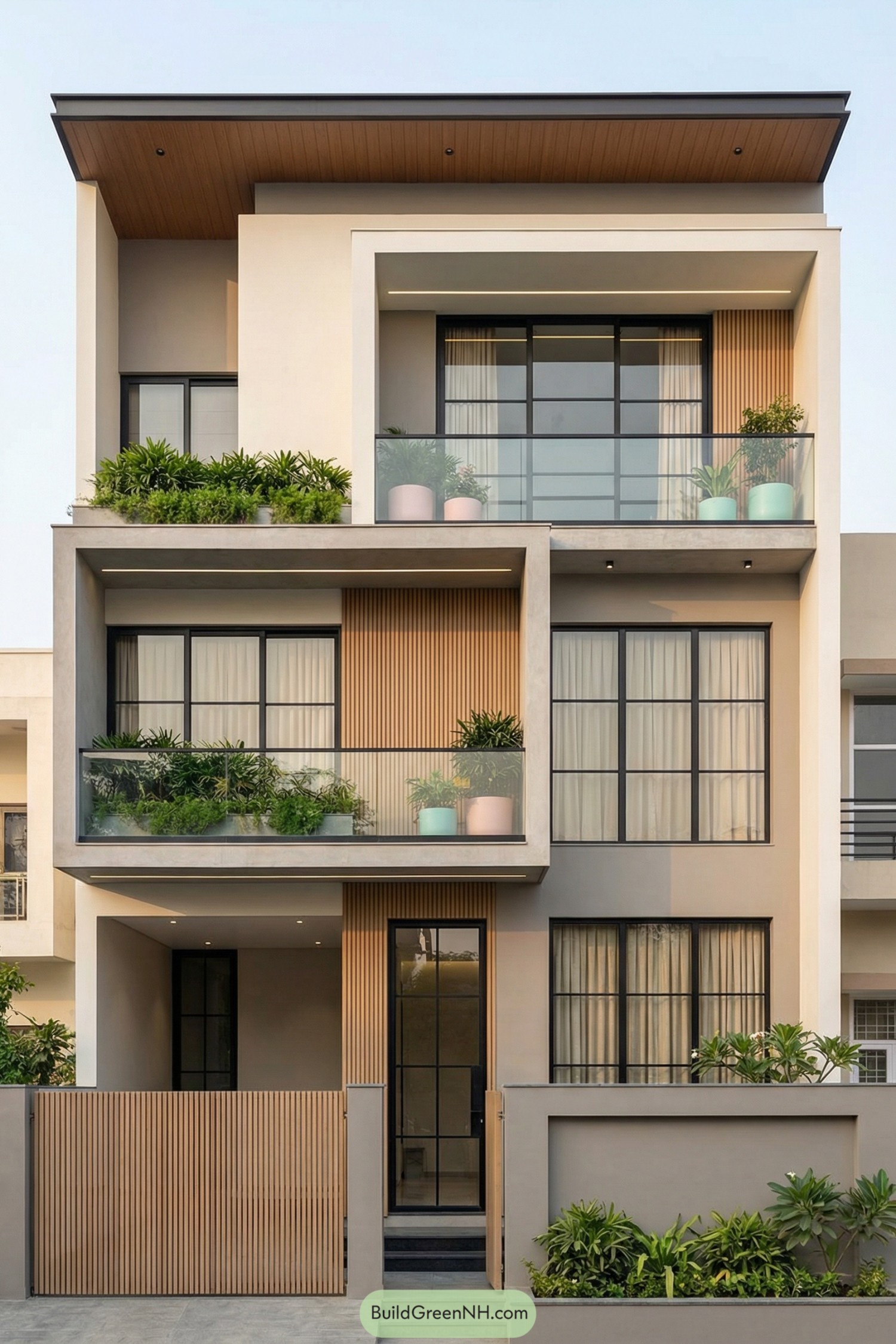 Modern three story house with layered balconies and lush potted plants