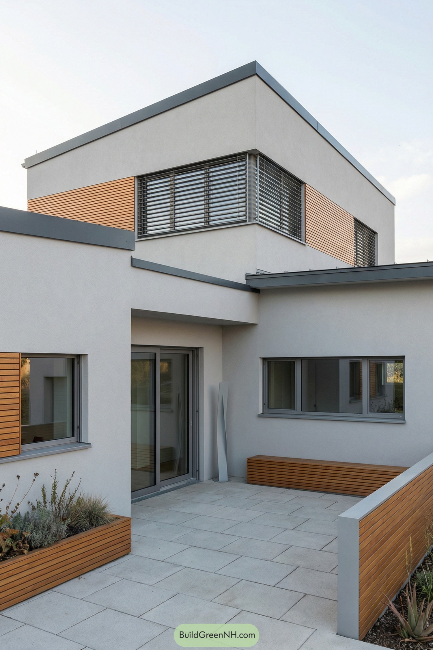 Modern two story courtyard house with white stucco walls wood accents and metal louvers