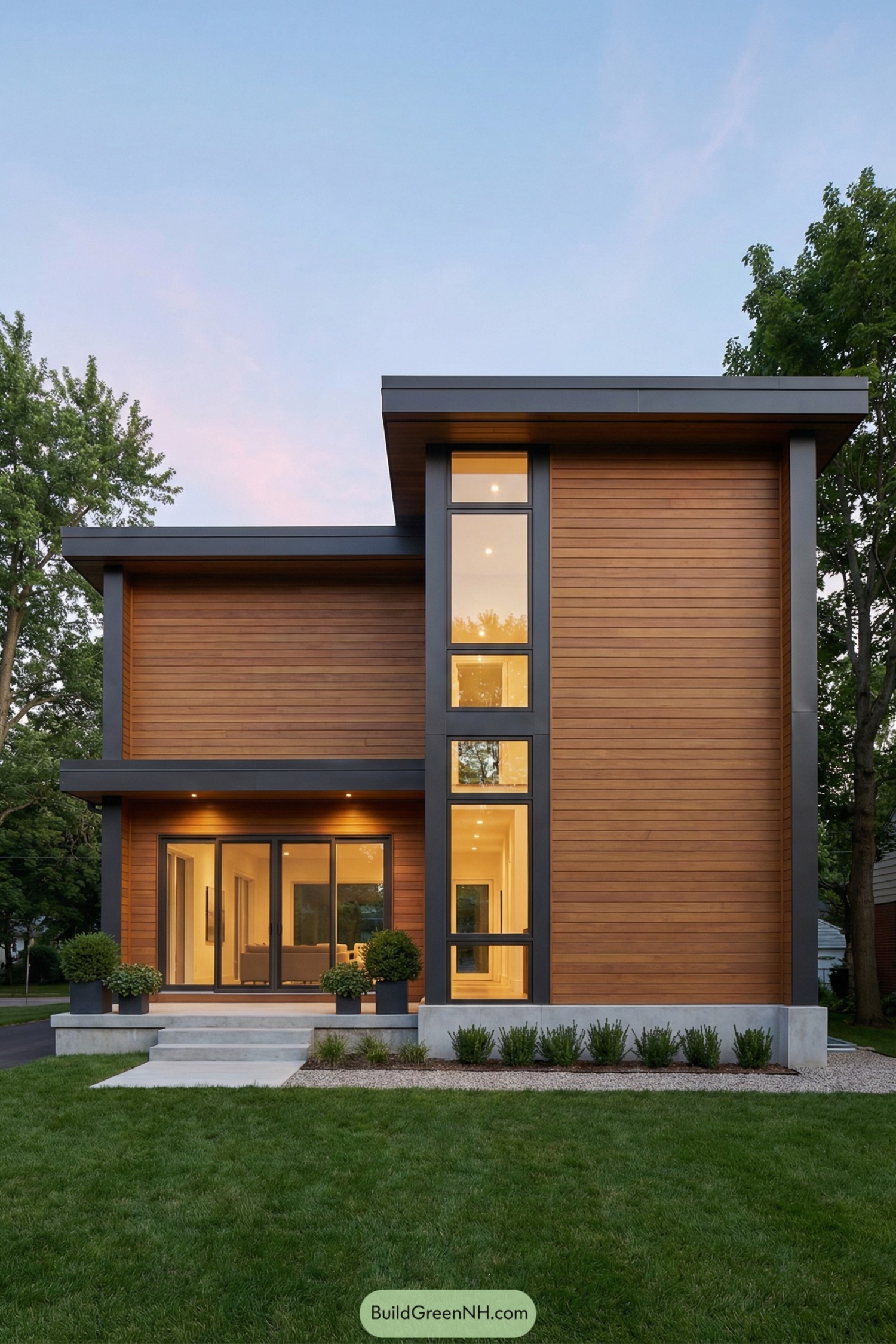 Modern two-story cedar house with tall windows