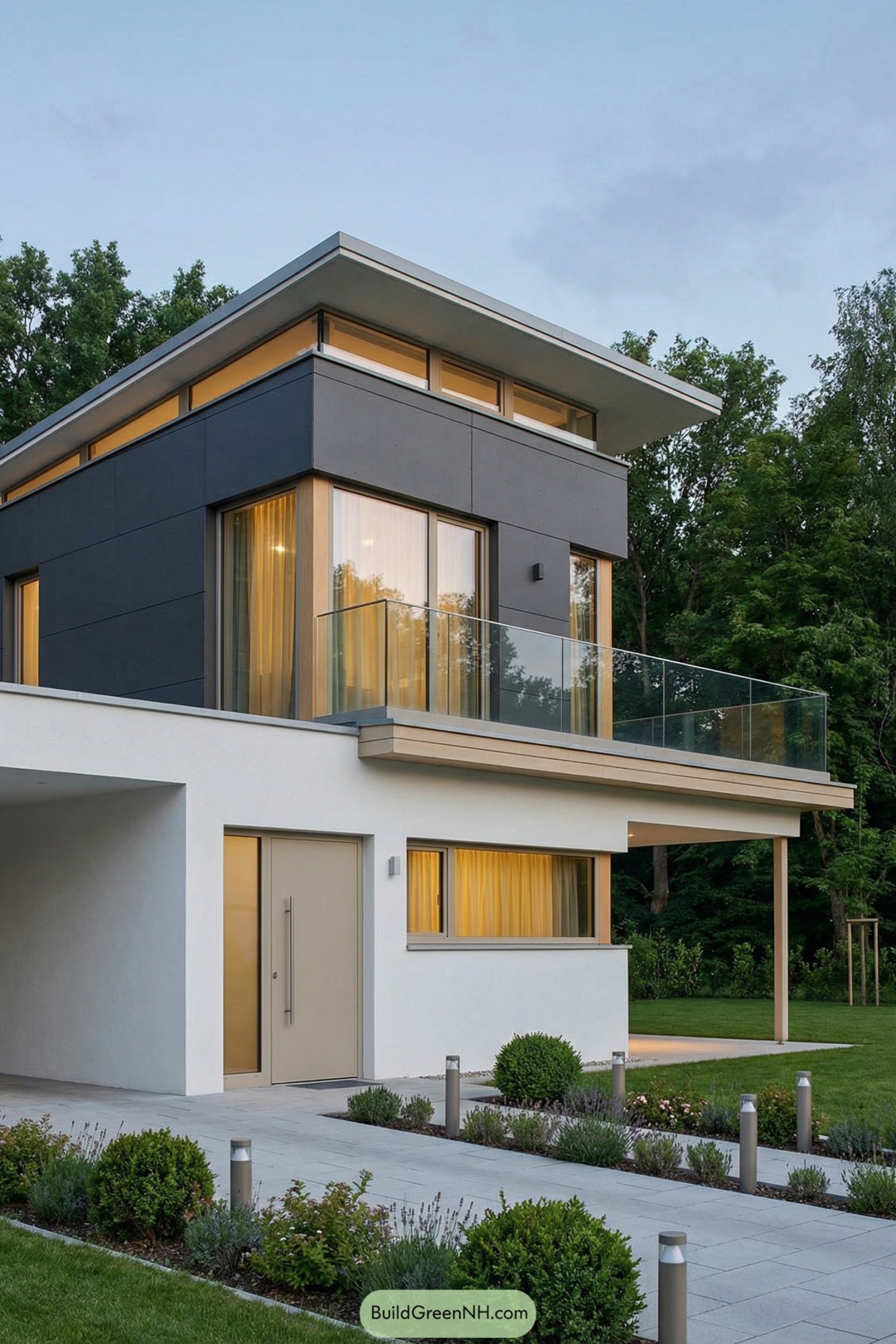 Two story modern house with flat roof and glass balcony in a landscaped yard