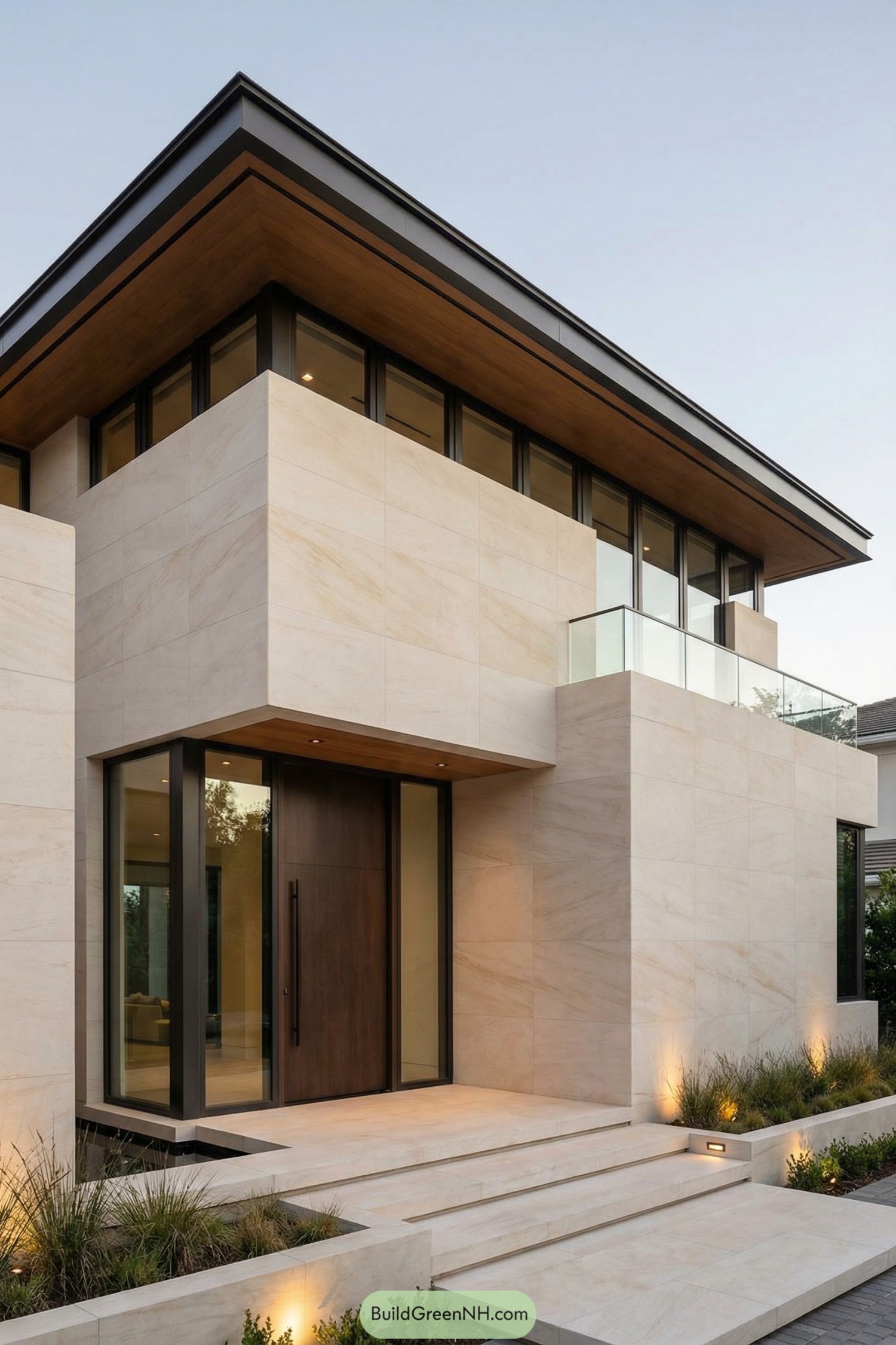 Modern two story home with pale stone cladding large windows deep eaves and a recessed glass framed entry