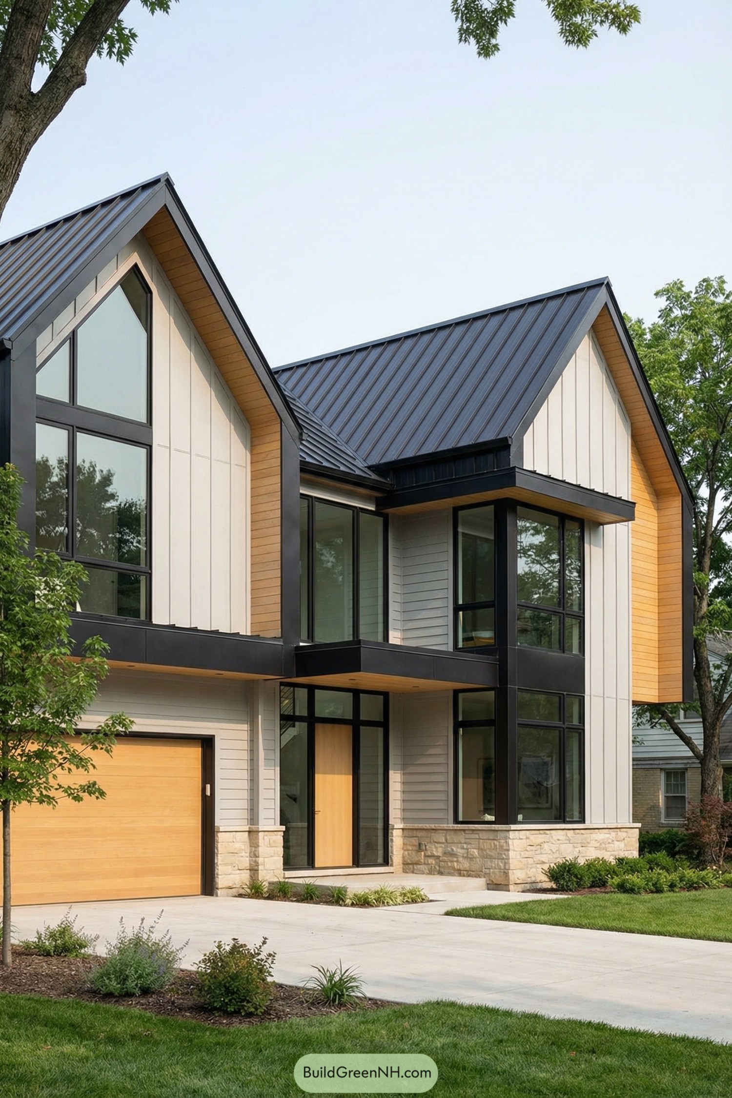 Modern two story house with black metal roof large windows and warm wood accents