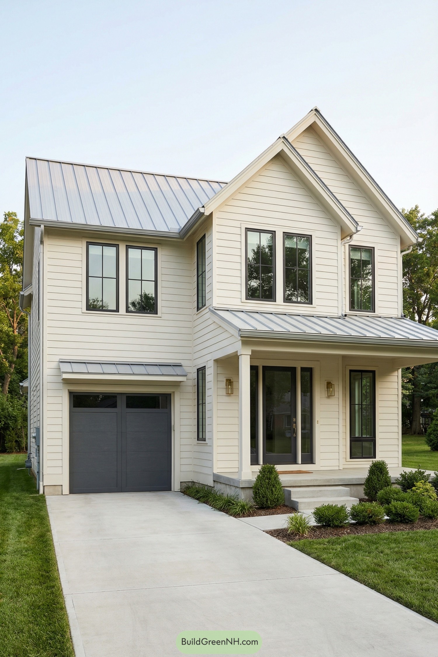 Modern cream two story house with metal roof and attached garage