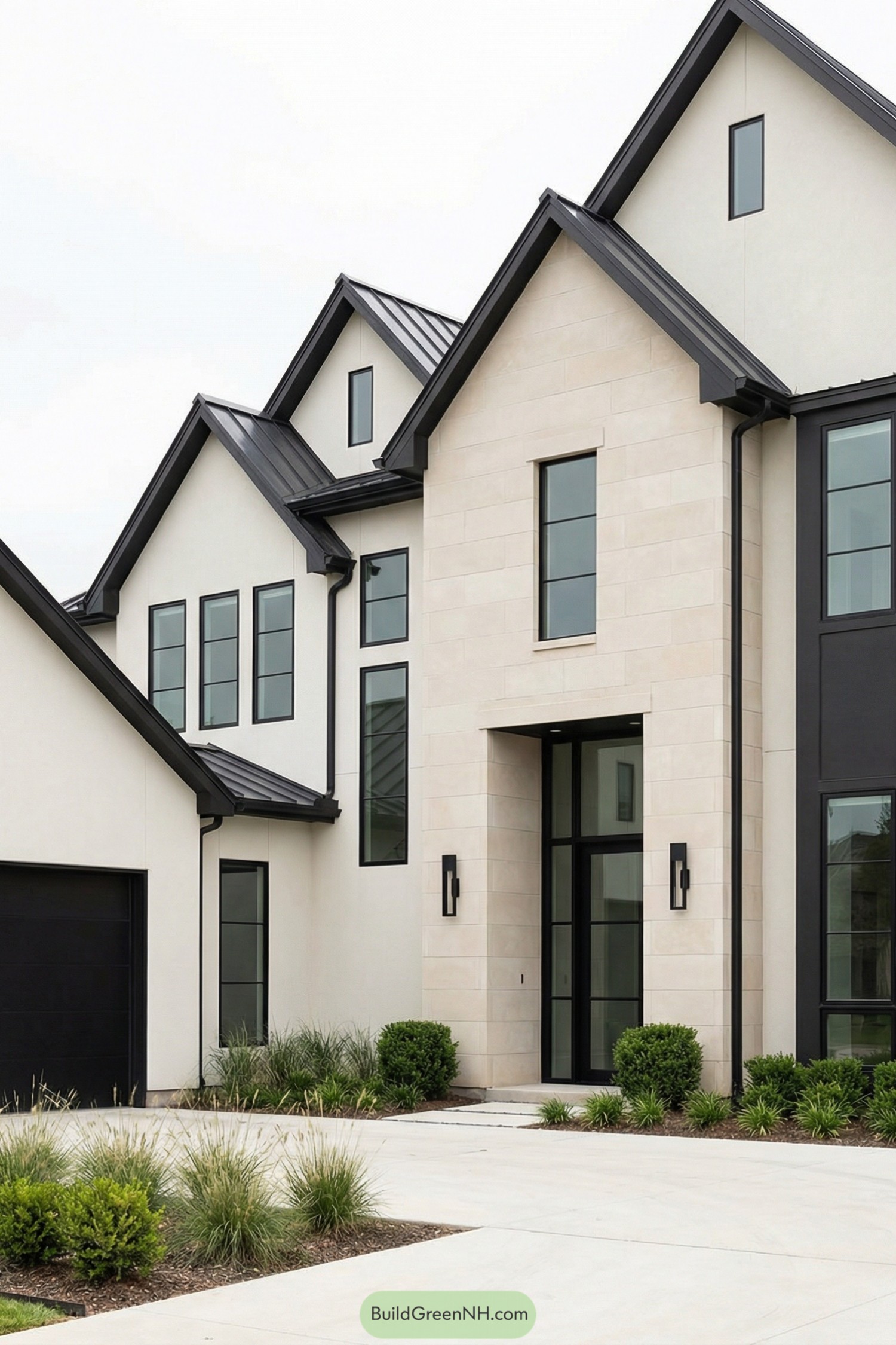 Modern white and stone house with black metal gable roofs, tall windows, and minimal landscaping along a clean driveway