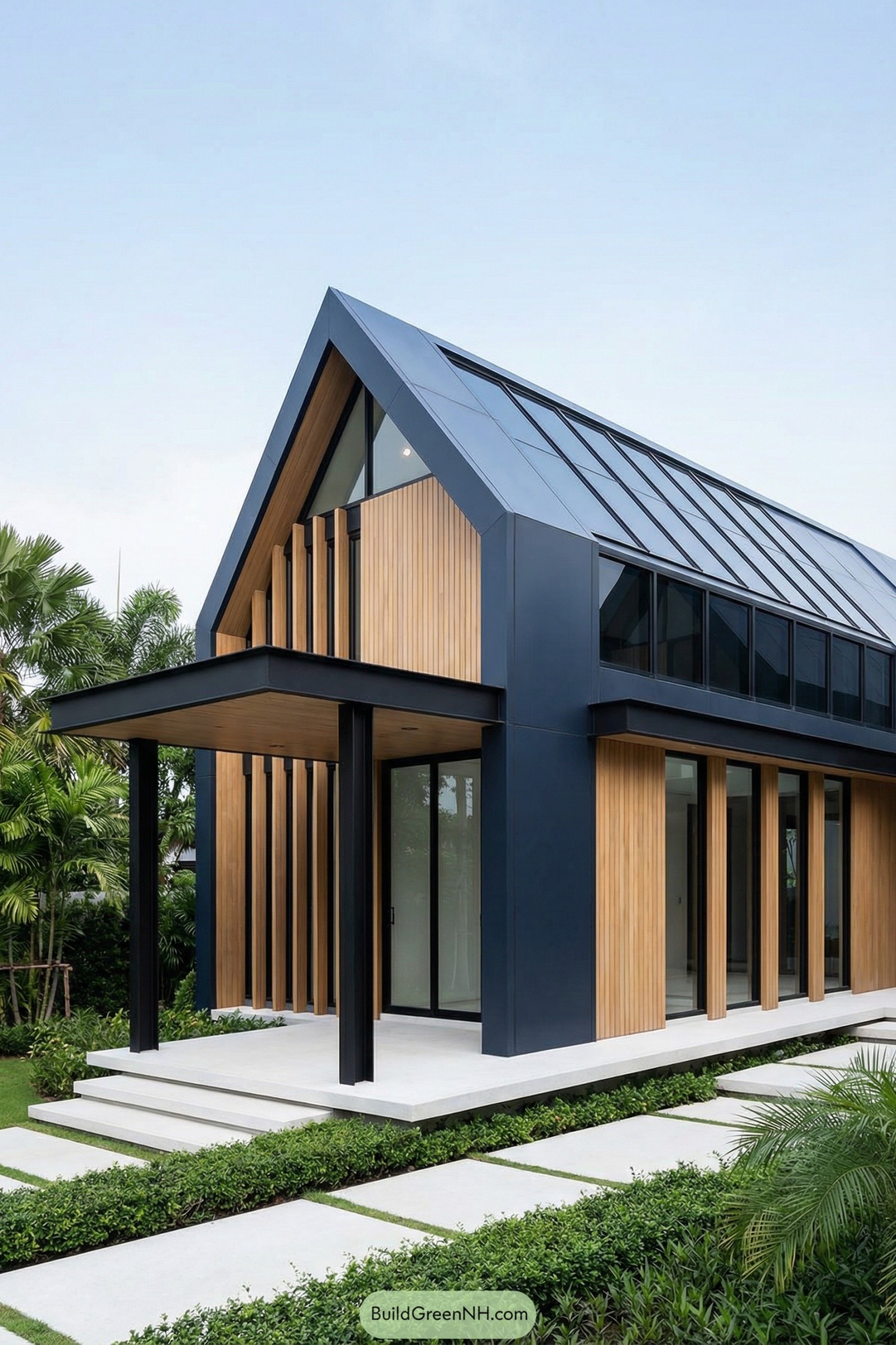 Modern gabled house with black framing and vertical wood cladding