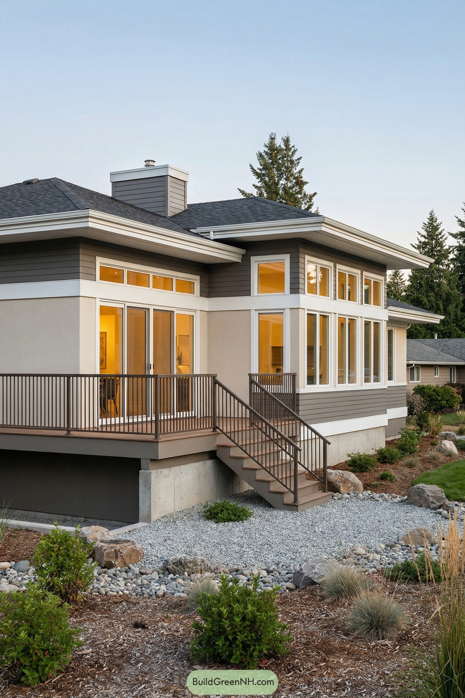 Modern raised house with large windows and deck