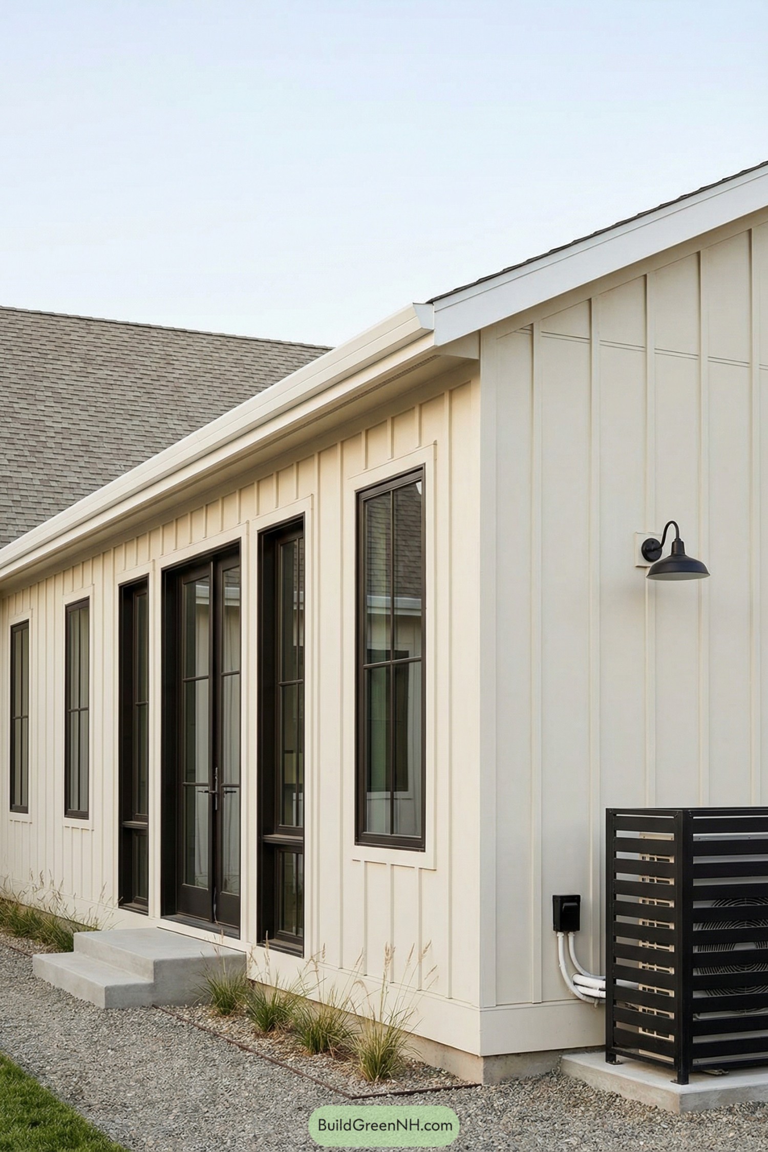Cream vertical board and batten house wall with tall black framed windows and simple concrete step