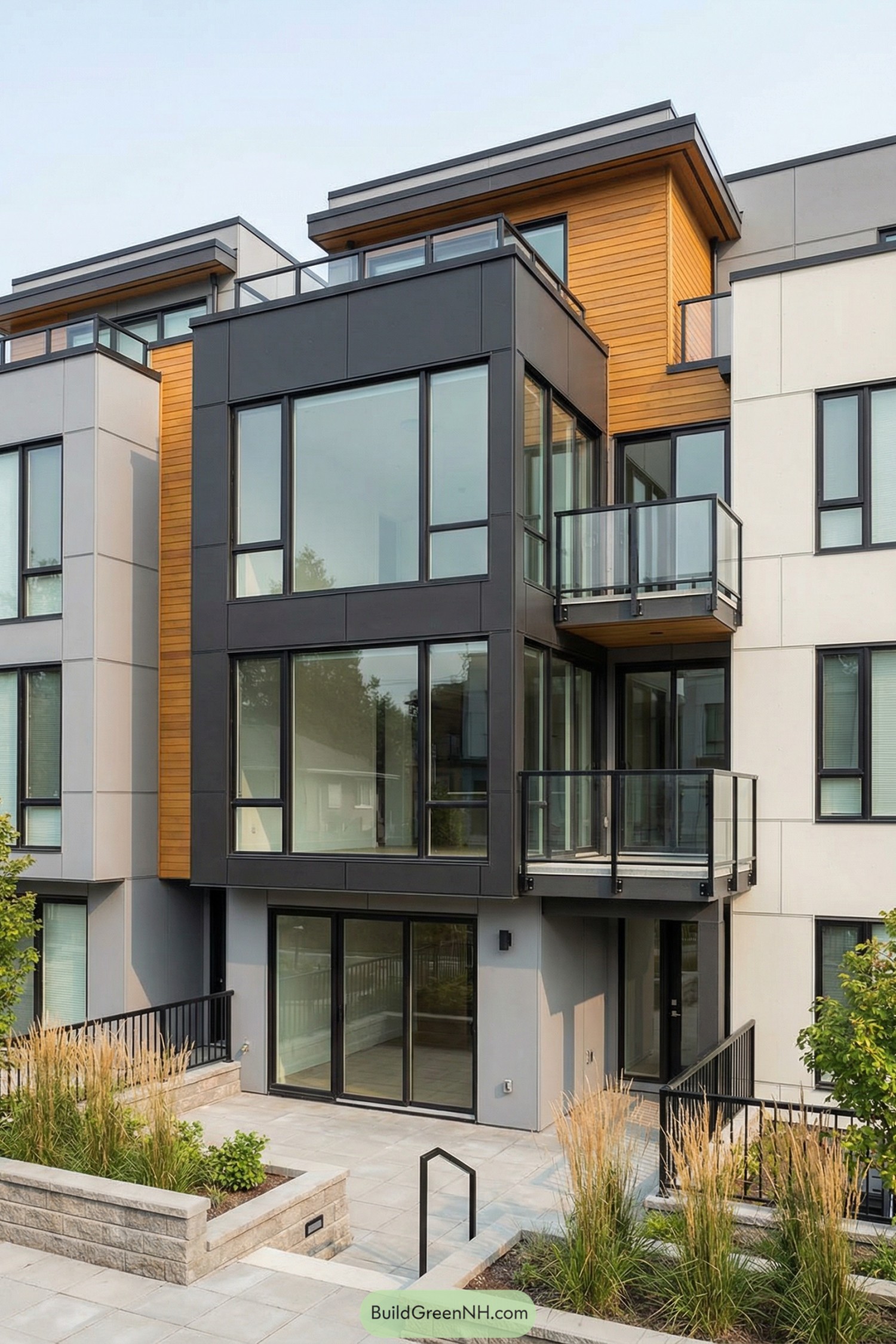 Modern multi level apartment facade with large glass balconies and mixed cladding
