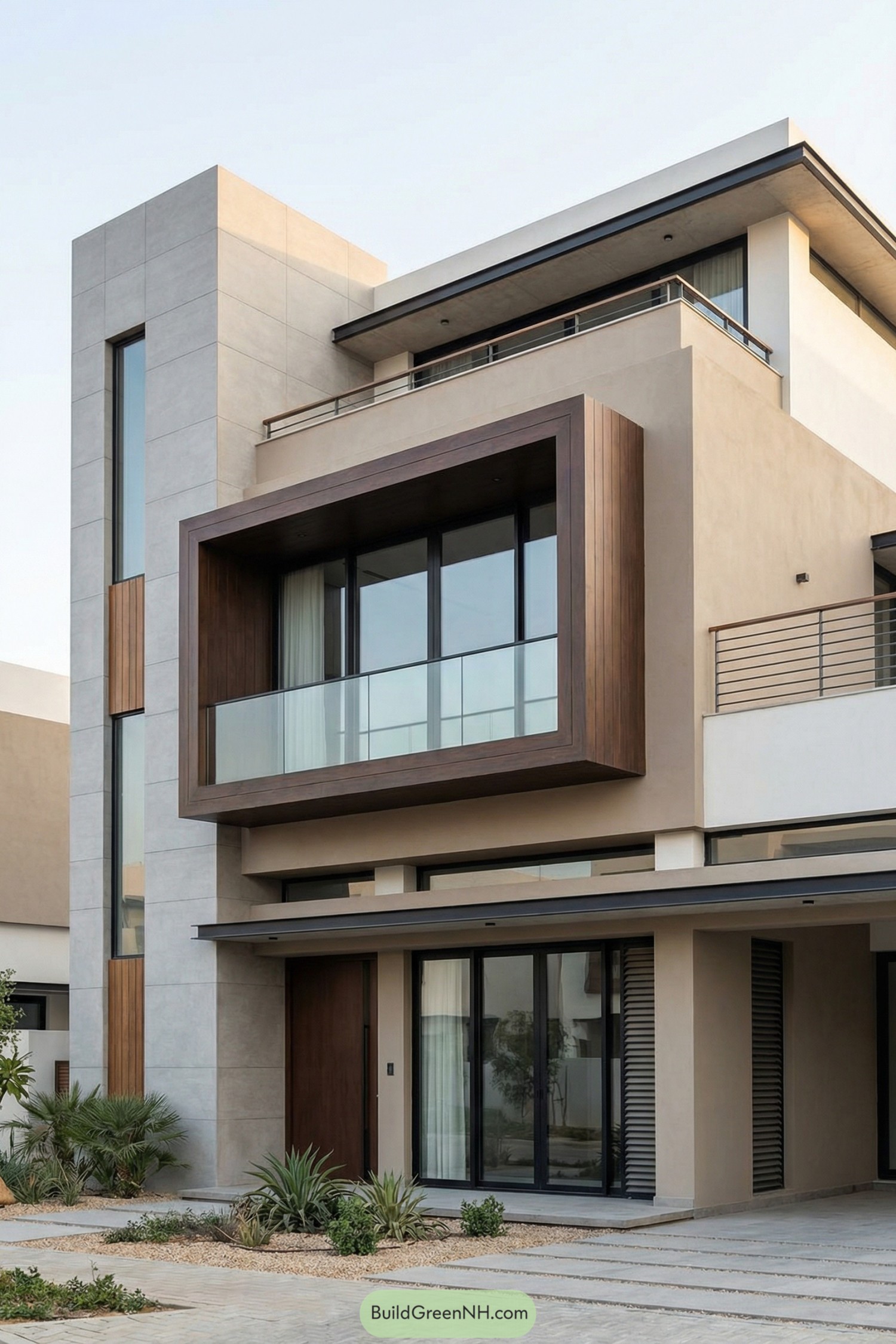 Modern three story home with large wood framed balcony and tall windows