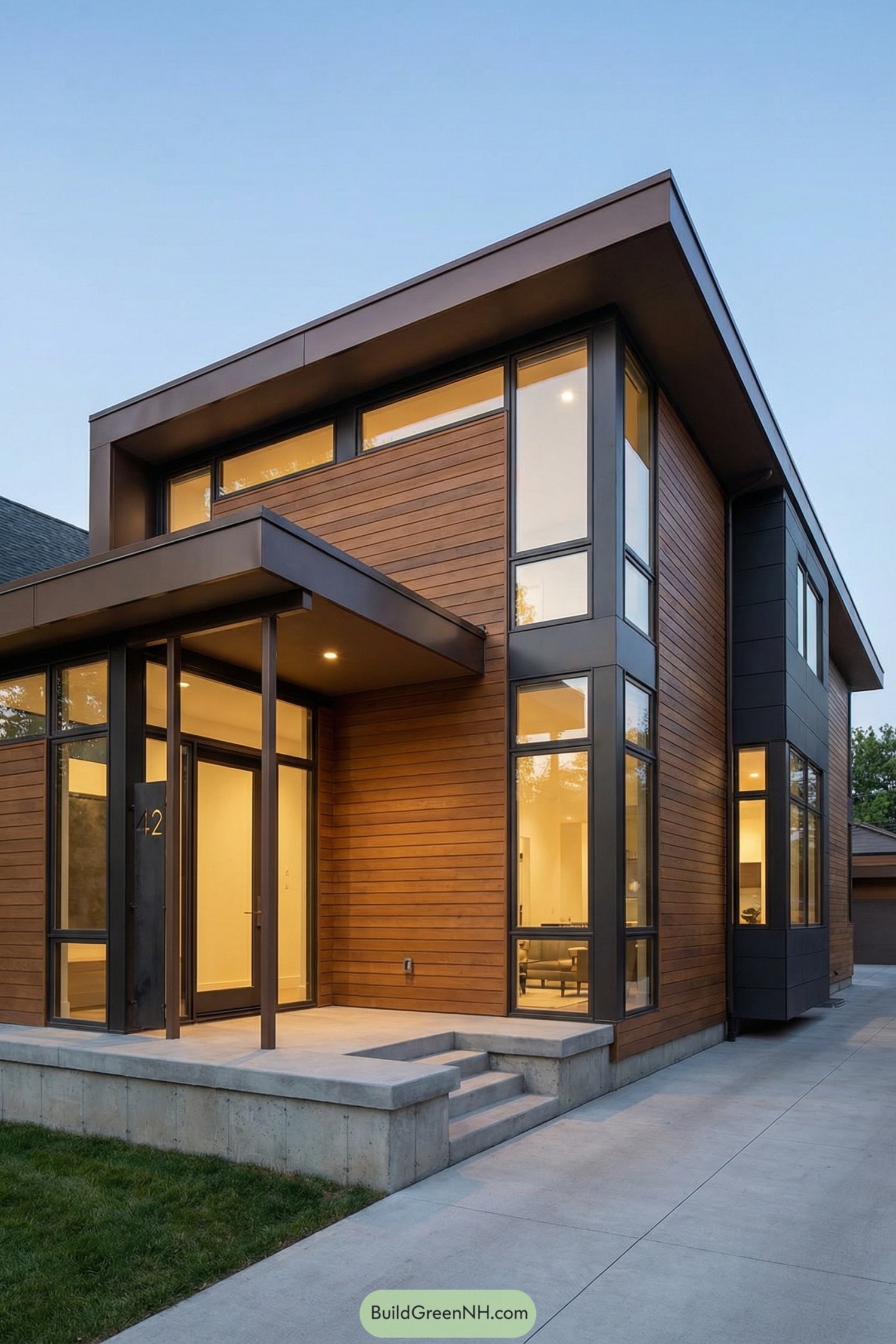 Modern two story house with wood siding and large corner windows at dusk