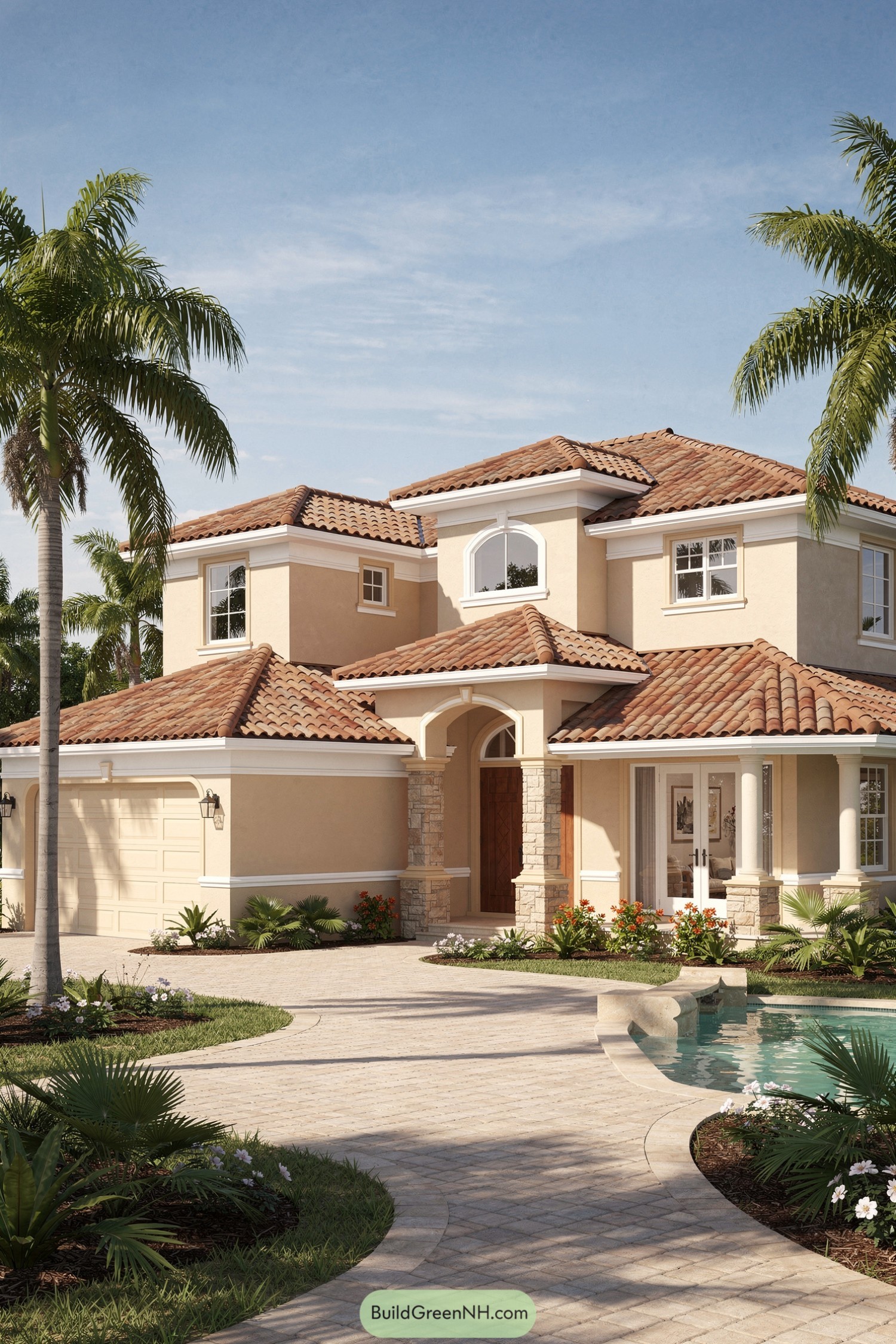 Stucco two-story house with terracotta tile roof, columns, and curved poolside patio framed by palm trees
