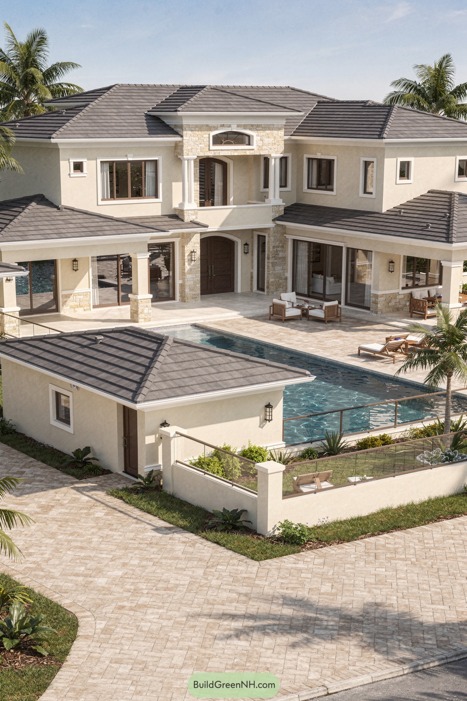 Two story cream stucco house with dark tile roof and central pool courtyard