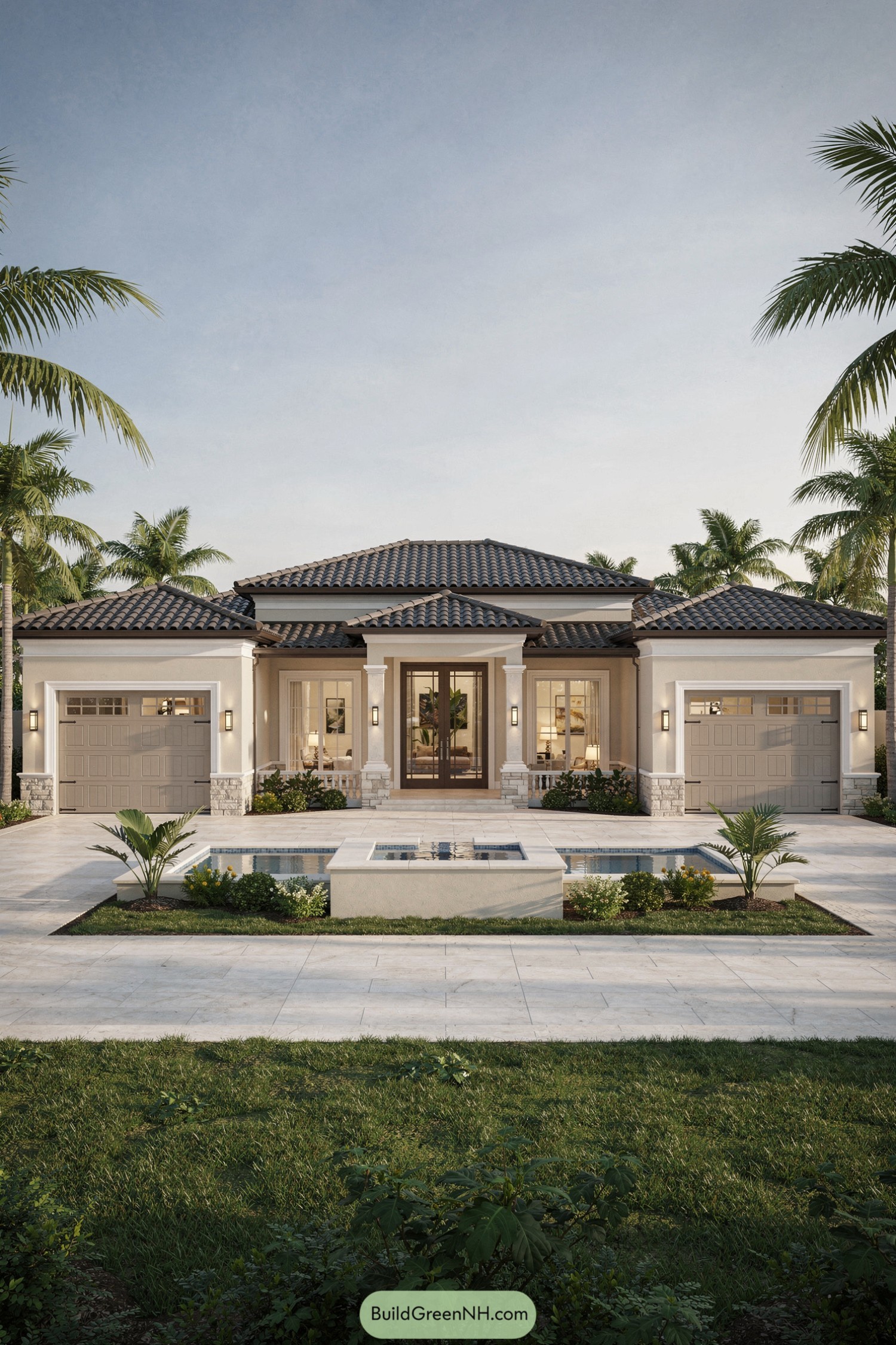 Single-story Florida home with tiled roof, dual garages, and central entry framed by palms and a reflecting pool