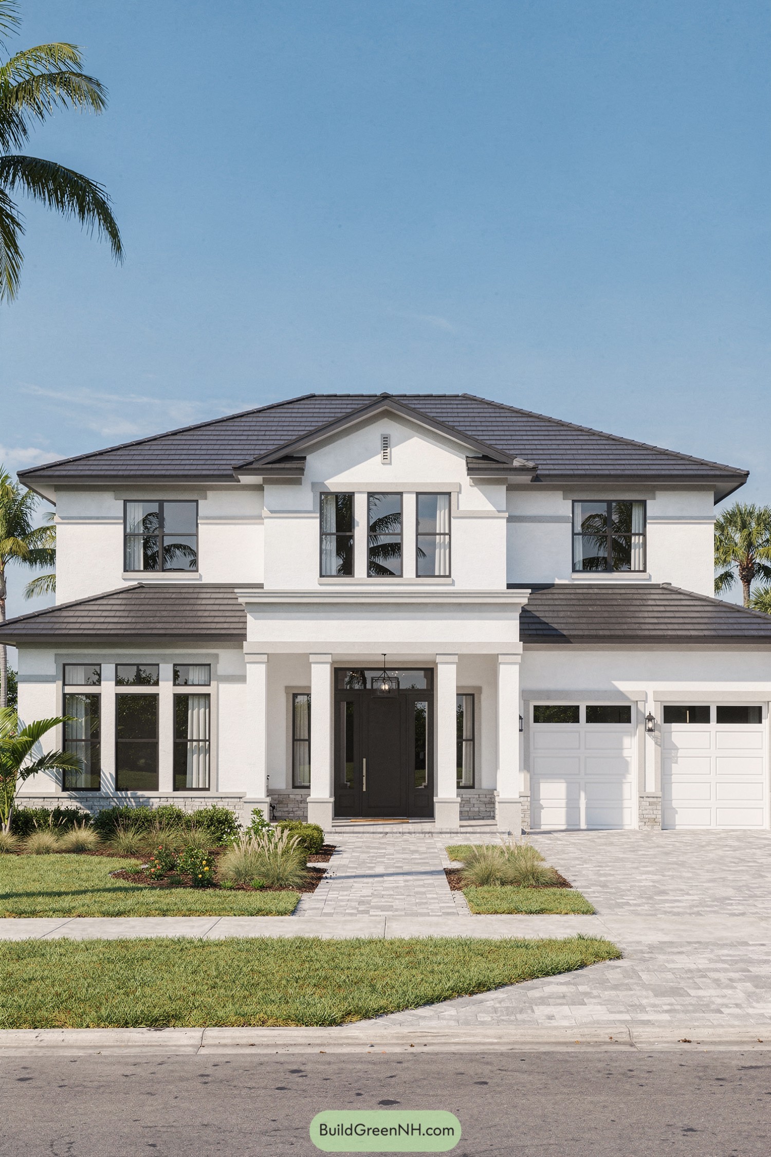 Two-story white stucco house with dark roof, front porch columns, and attached double garage