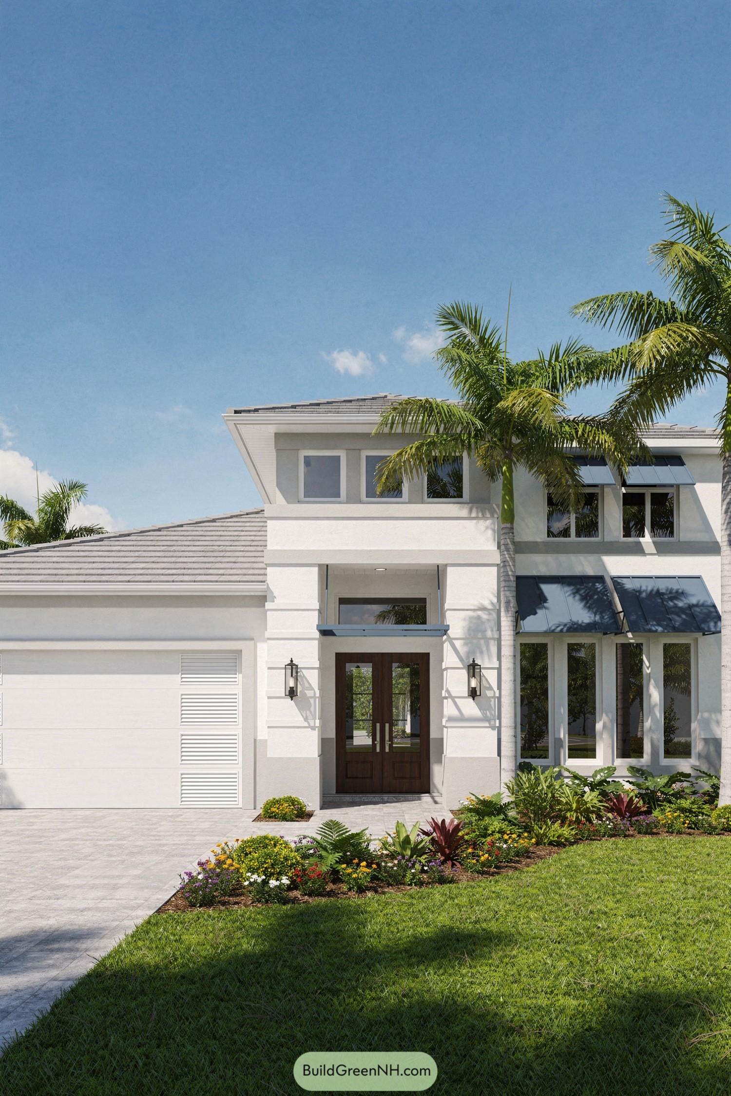White two-story Florida home with palms
