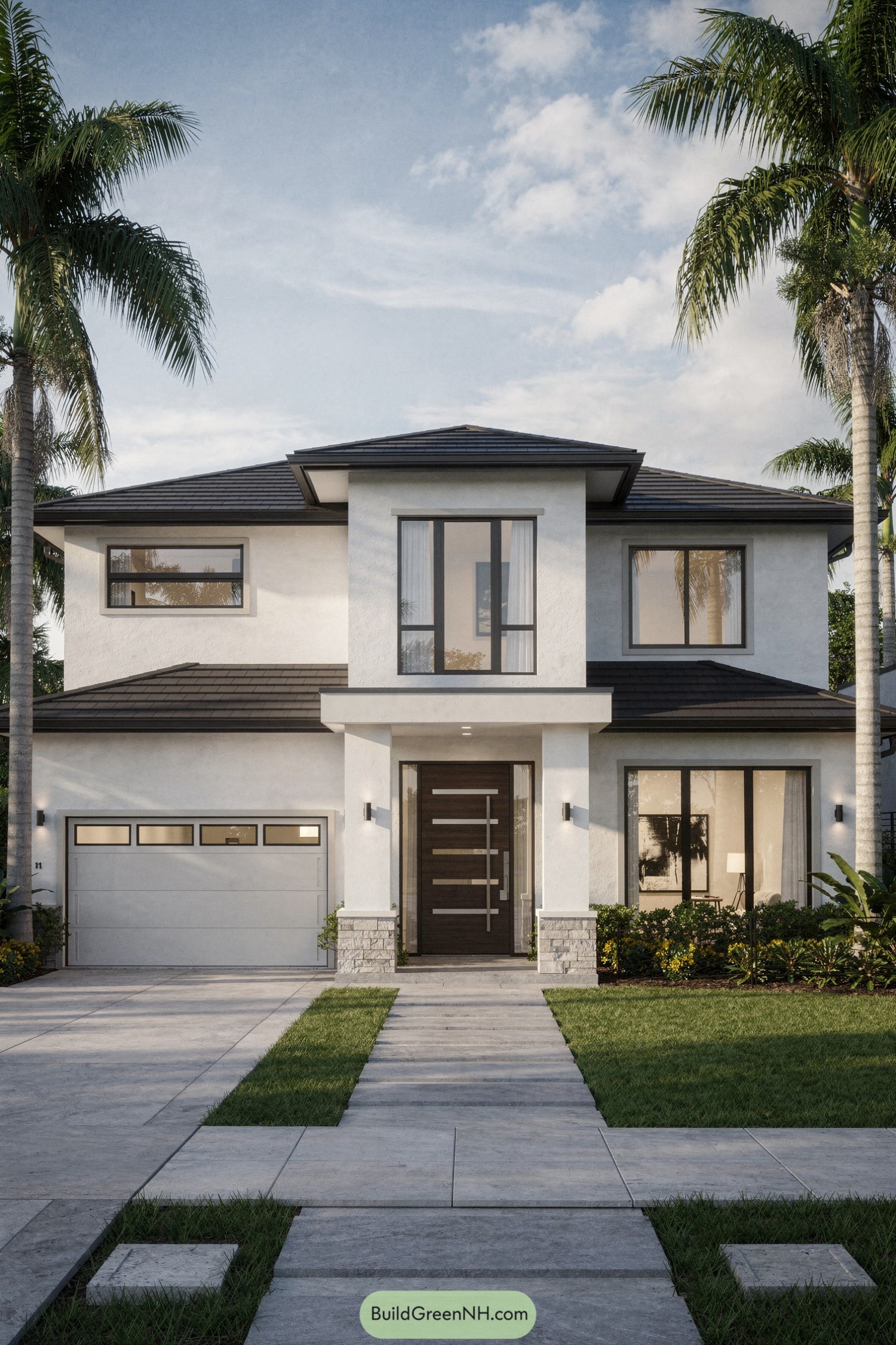 Modern two story Florida home with flat tile roof and large windows framed by palm trees