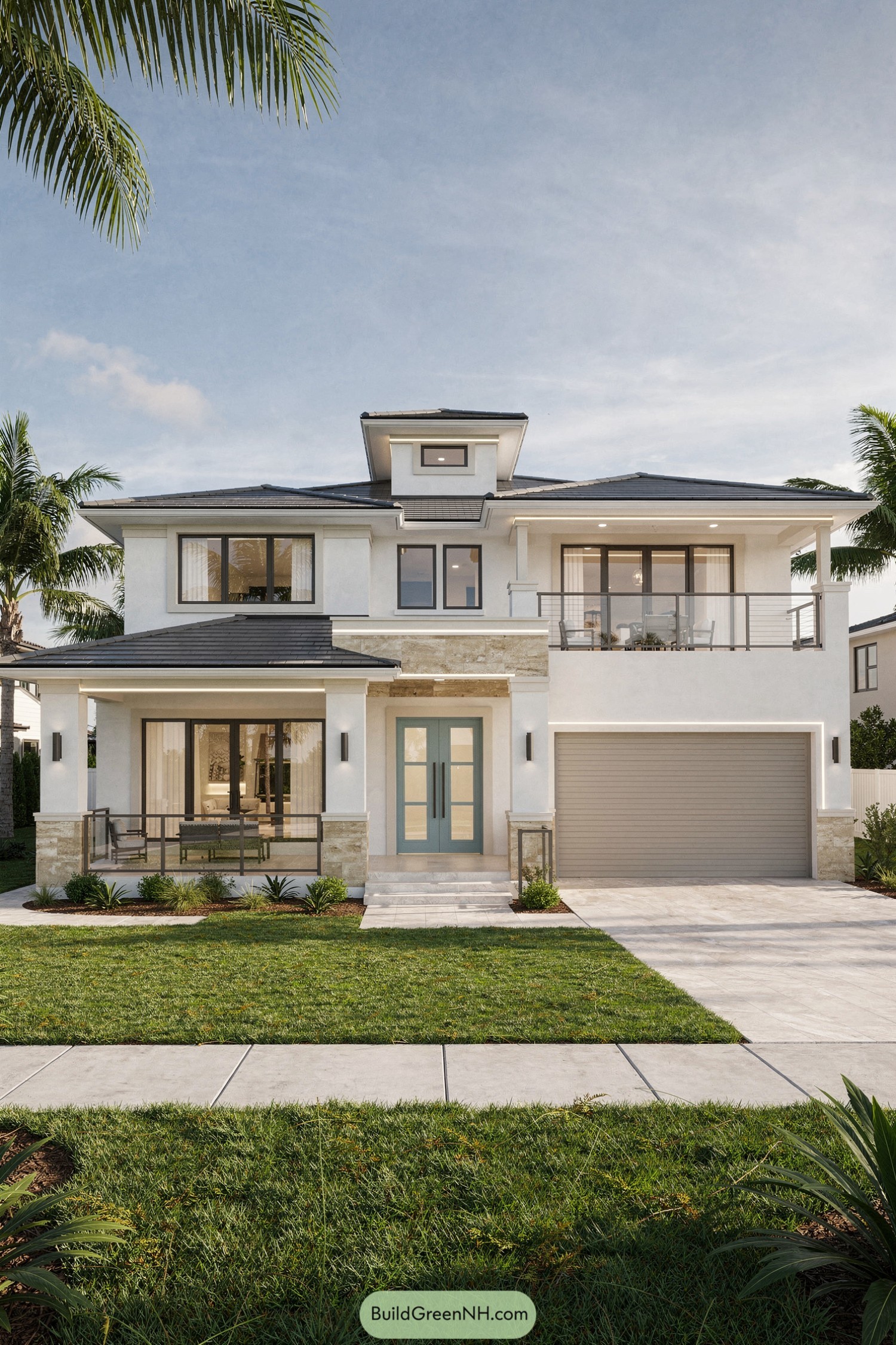 Two-story white coastal home with wide front porch, upper balcony, and attached garage