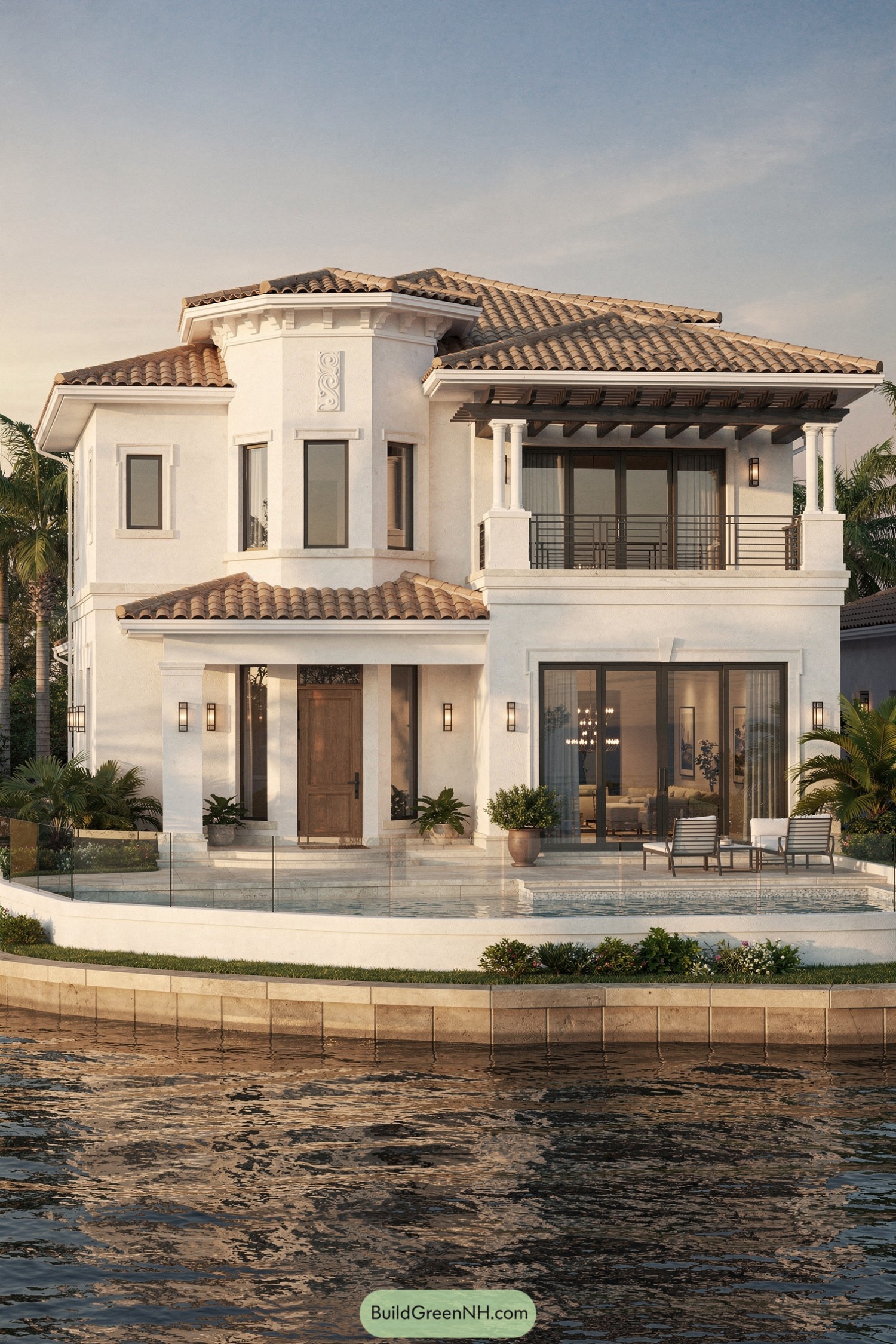 Two story Mediterranean style waterfront house with tile roof and poolside terrace